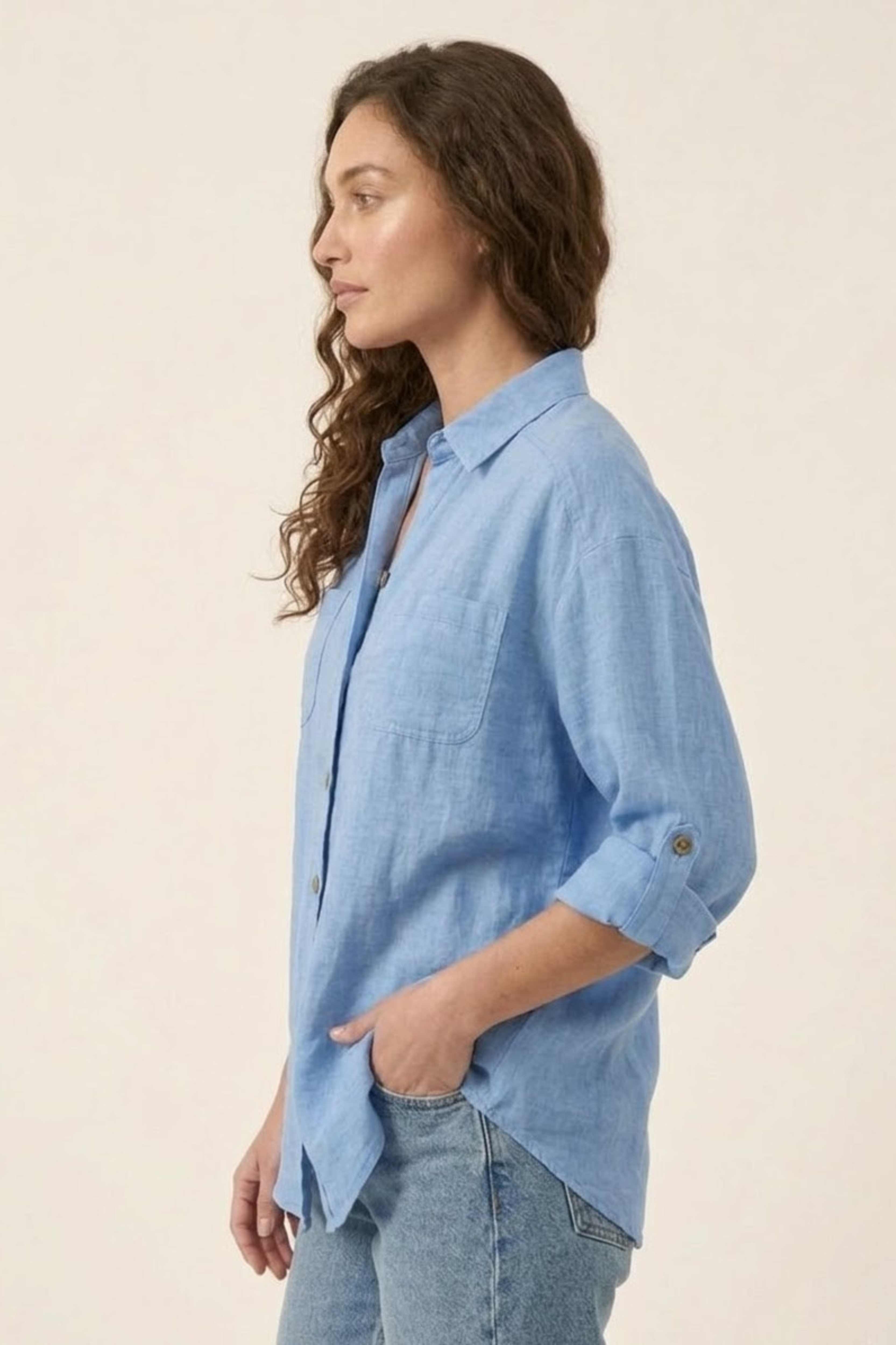 Sky Blue Long Sleeve Button Down Shirt – 100% Pure Linen for Women