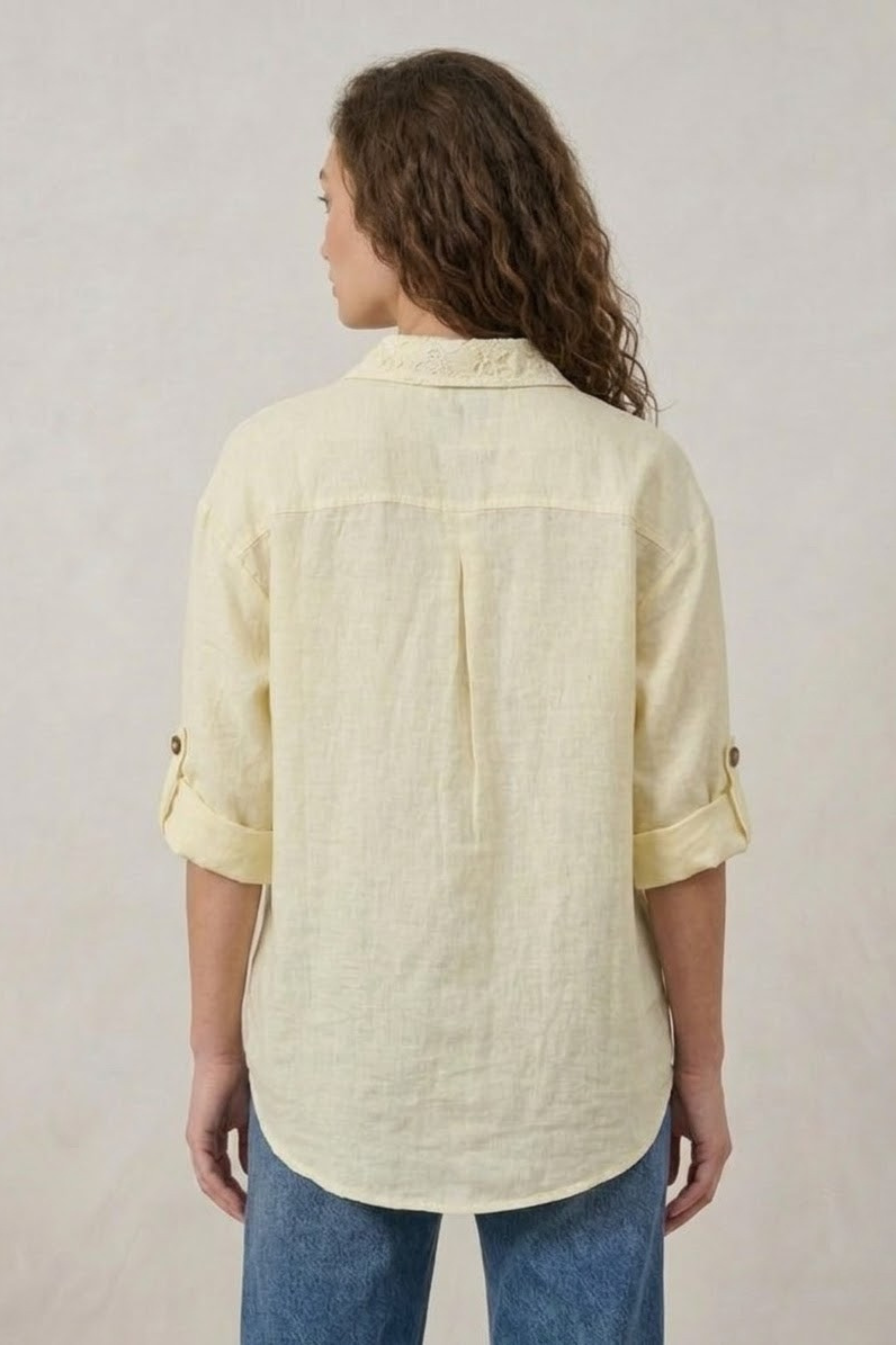Ivory 100% Linen Women Shirt | Button-Down Top With Lace Details