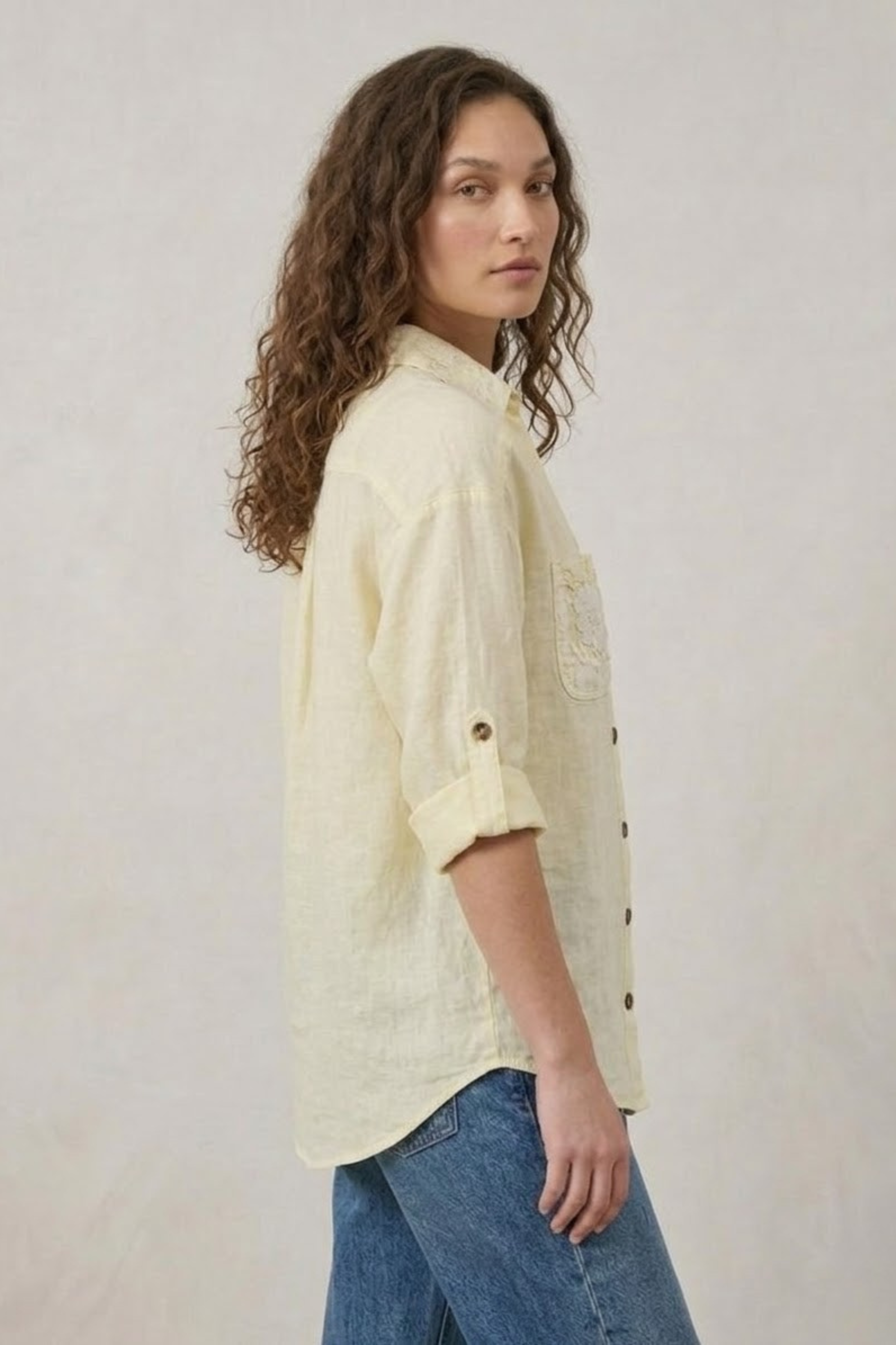 Ivory 100% Linen Women Shirt | Button-Down Top With Lace Details