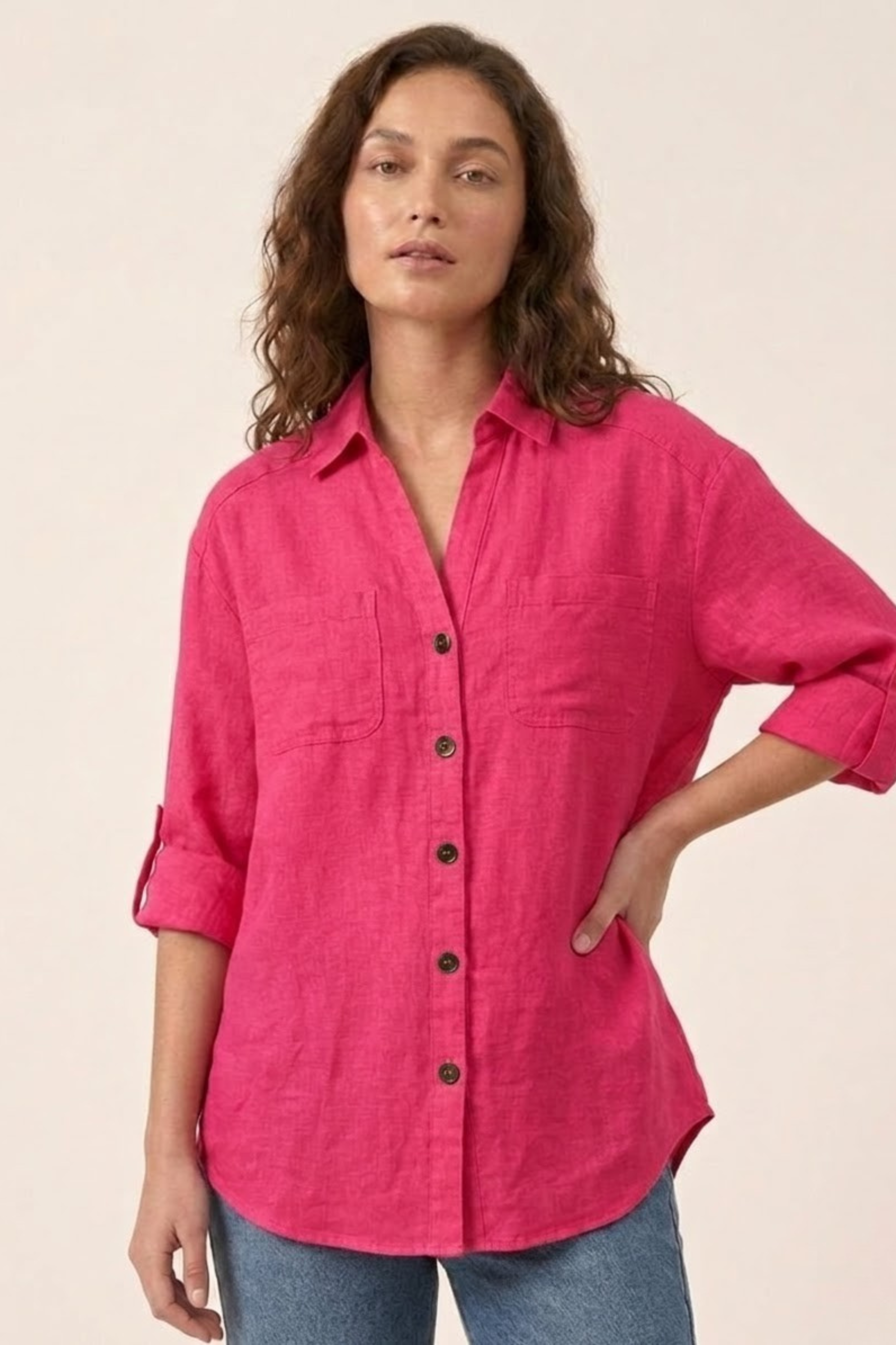 100% Linen Womens Fuchsia Pink Boyfriend Button-Down Shirt