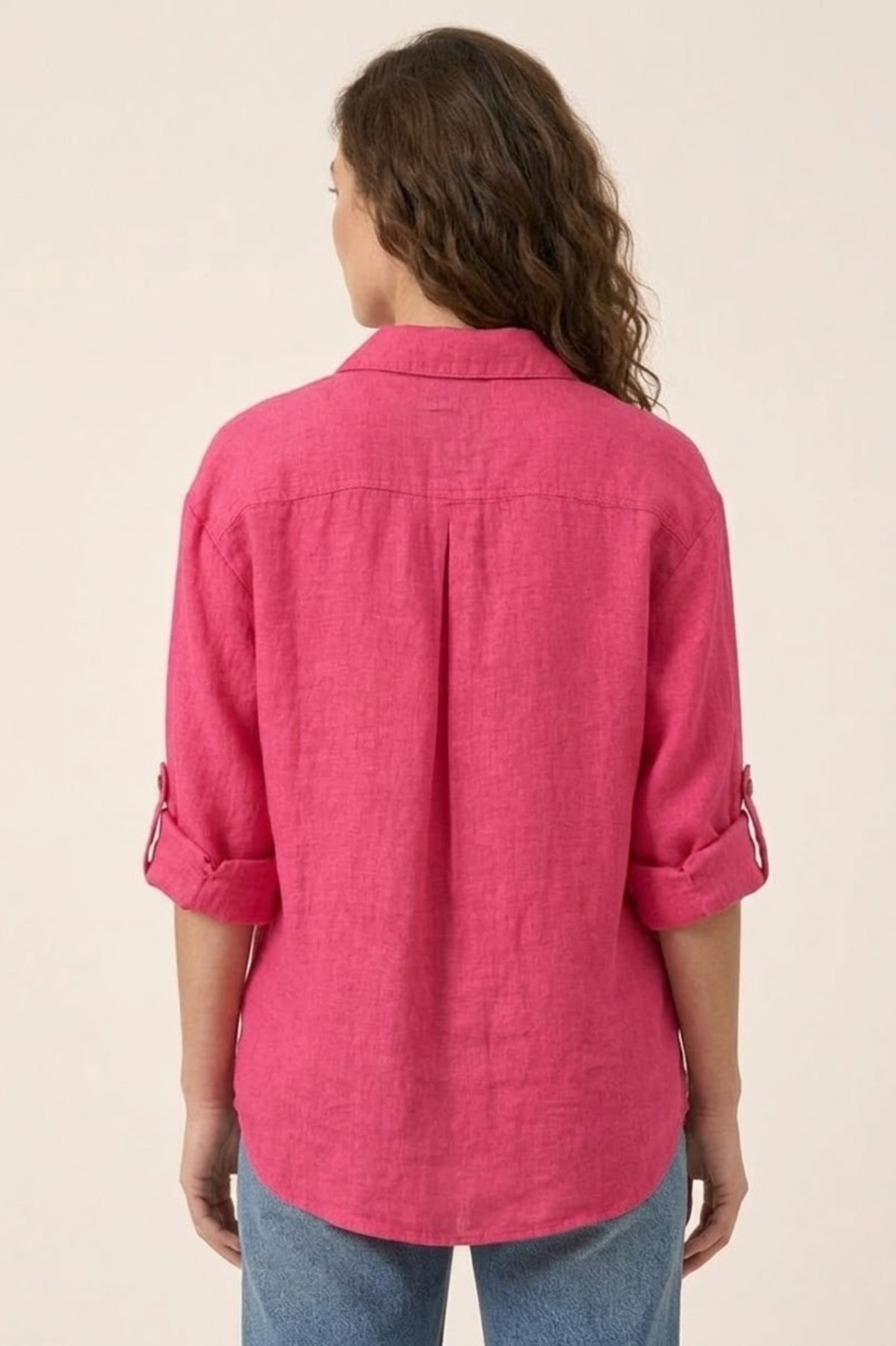 100% Linen Womens Fuchsia Pink Boyfriend Button-Down Shirt