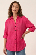 100% Linen Womens Fuchsia Pink Boyfriend Button-Down Shirt