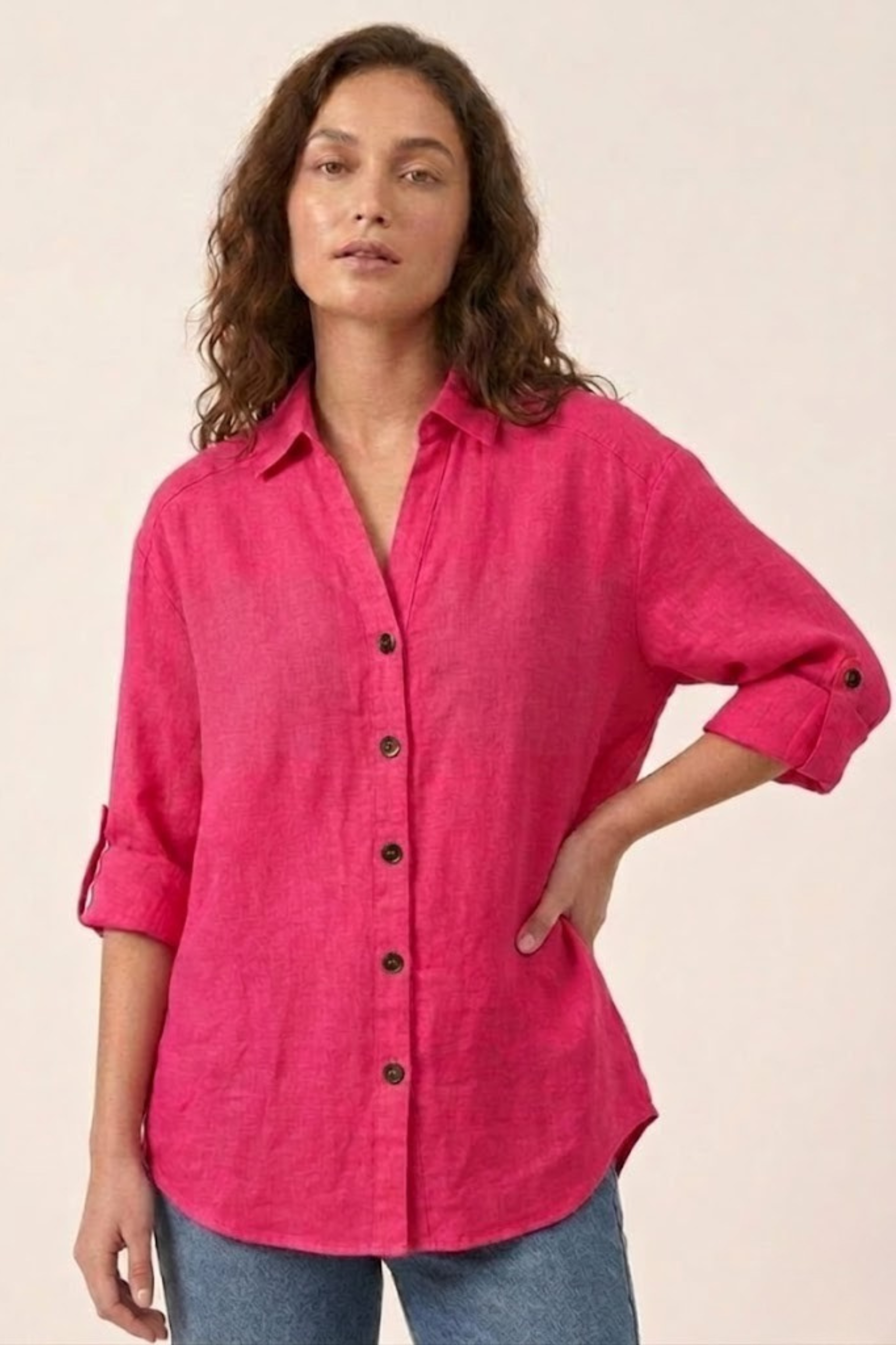 100% Linen Womens Fuchsia Pink Boyfriend Button-Down Shirt