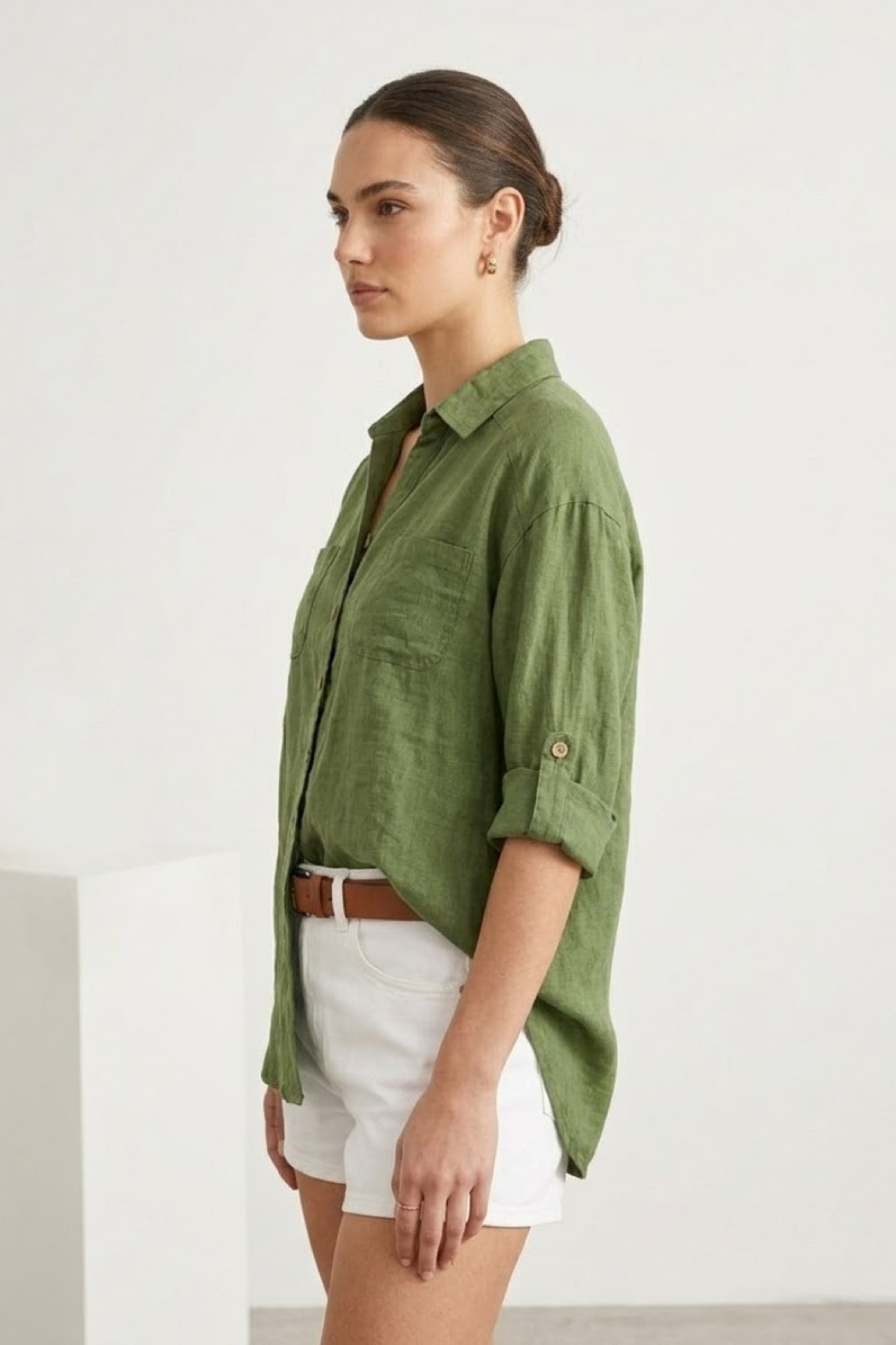 Women Olive Green Pure Linen Shirt | Breathable & Oversized