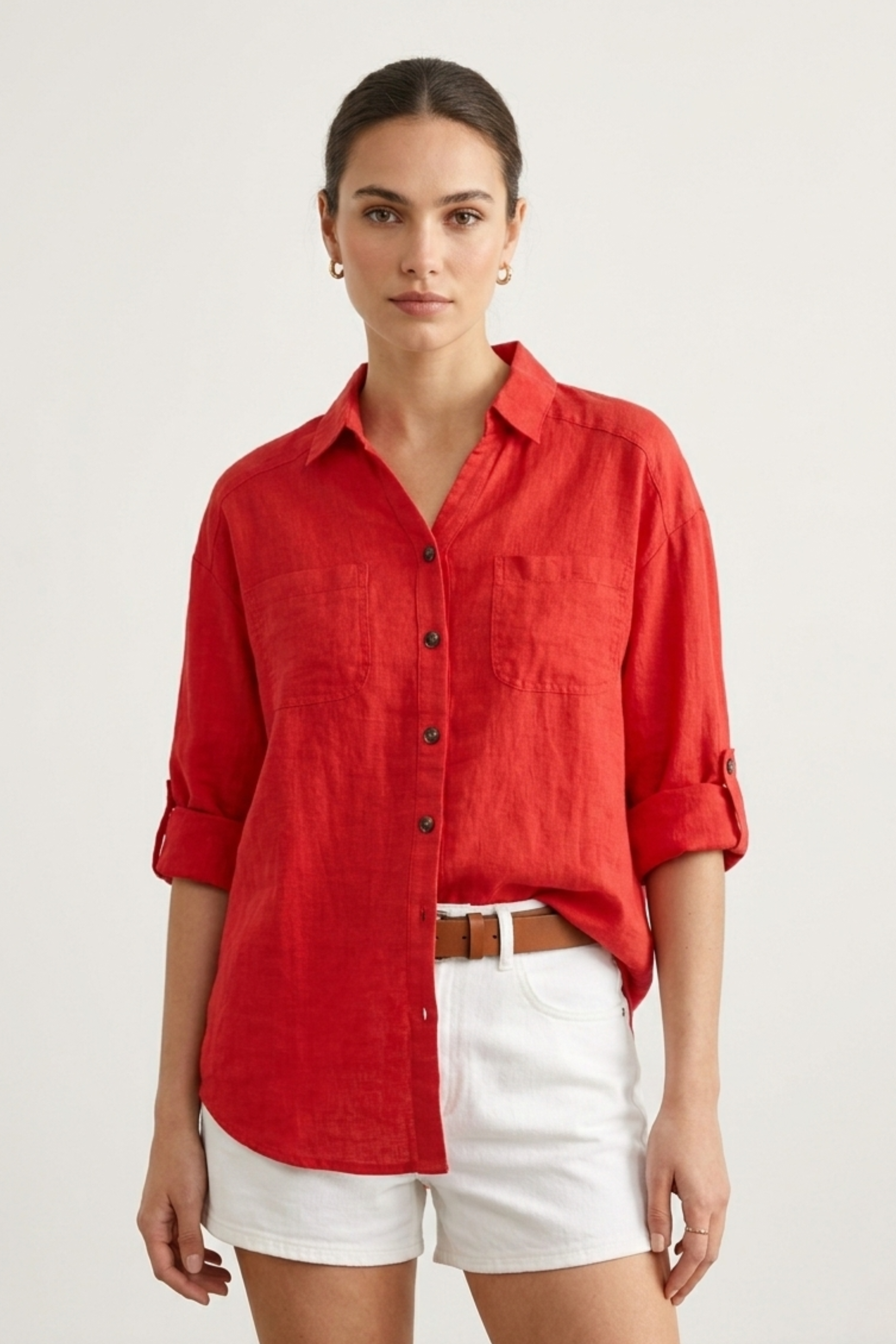 Women’s Red 100% Pure Linen Shirt | Breathable Button-Down