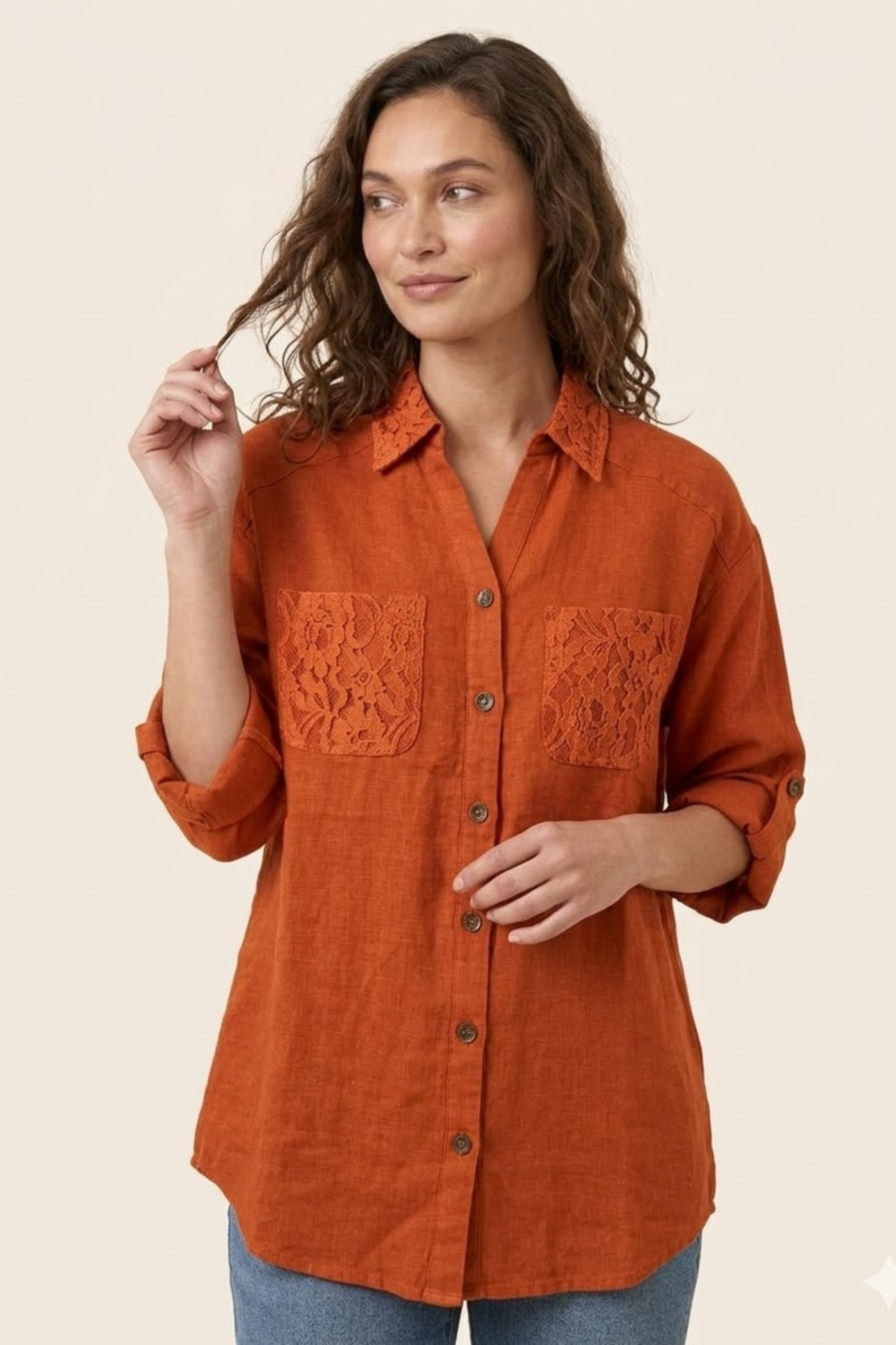 Women's Rust Orange Linen Shirt - Lace Pocket Detail - 100% Pure Linen Fabric Shirt
