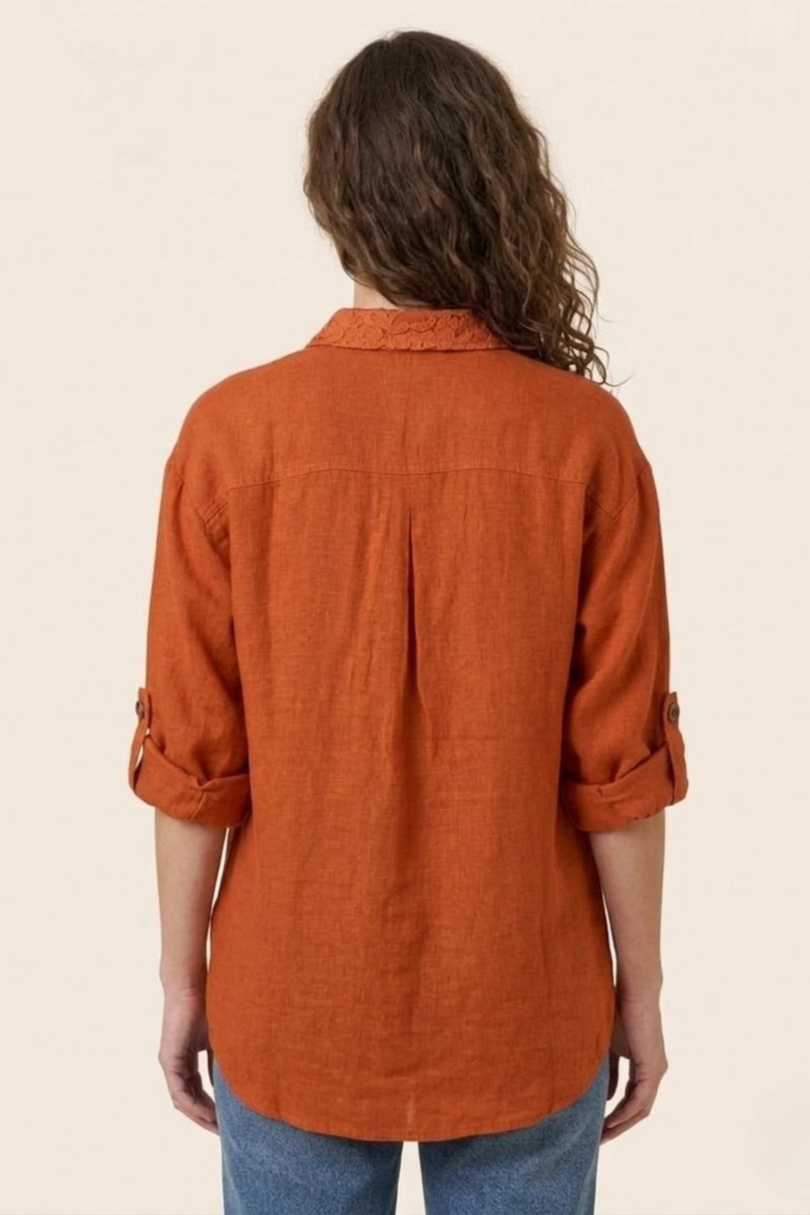 Women's Rust Orange Linen Shirt - Lace Pocket Detail - 100% Pure Linen Fabric Shirt