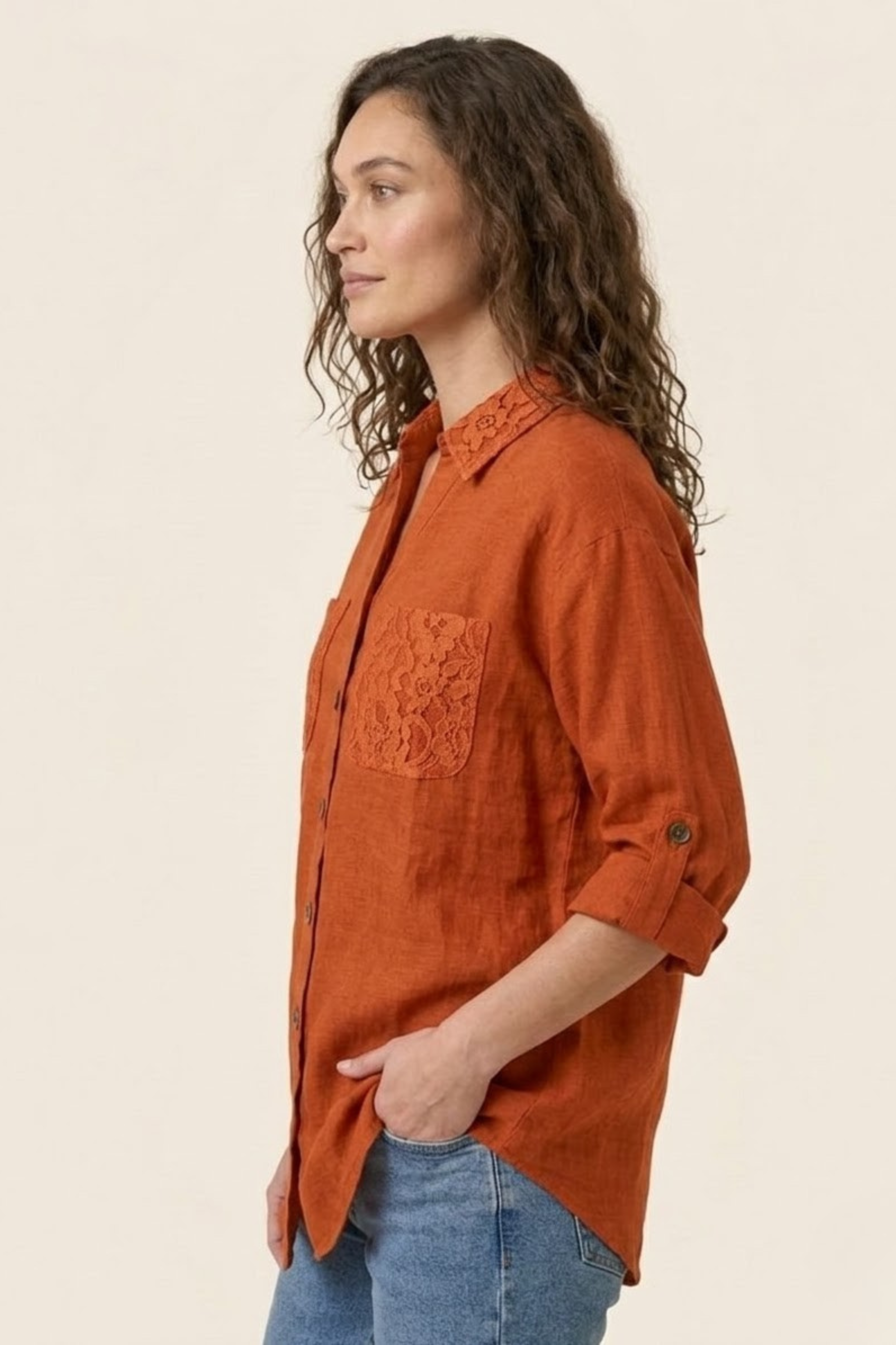 Women's Rust Orange Linen Shirt - Lace Pocket Detail - 100% Pure Linen Fabric Shirt