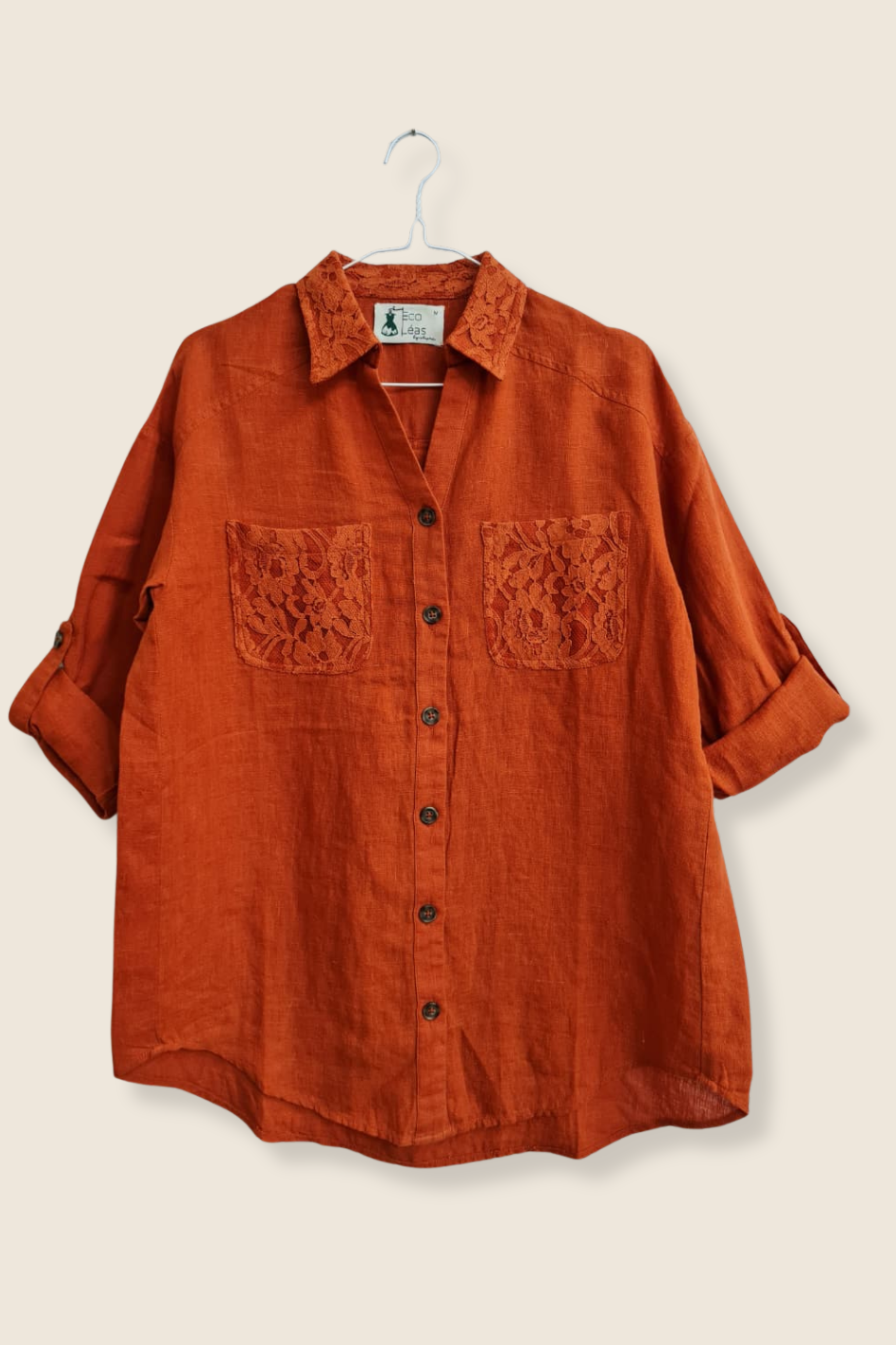 Women's Rust Orange Linen Shirt - Lace Pocket Detail - 100% Pure Linen Fabric Shirt