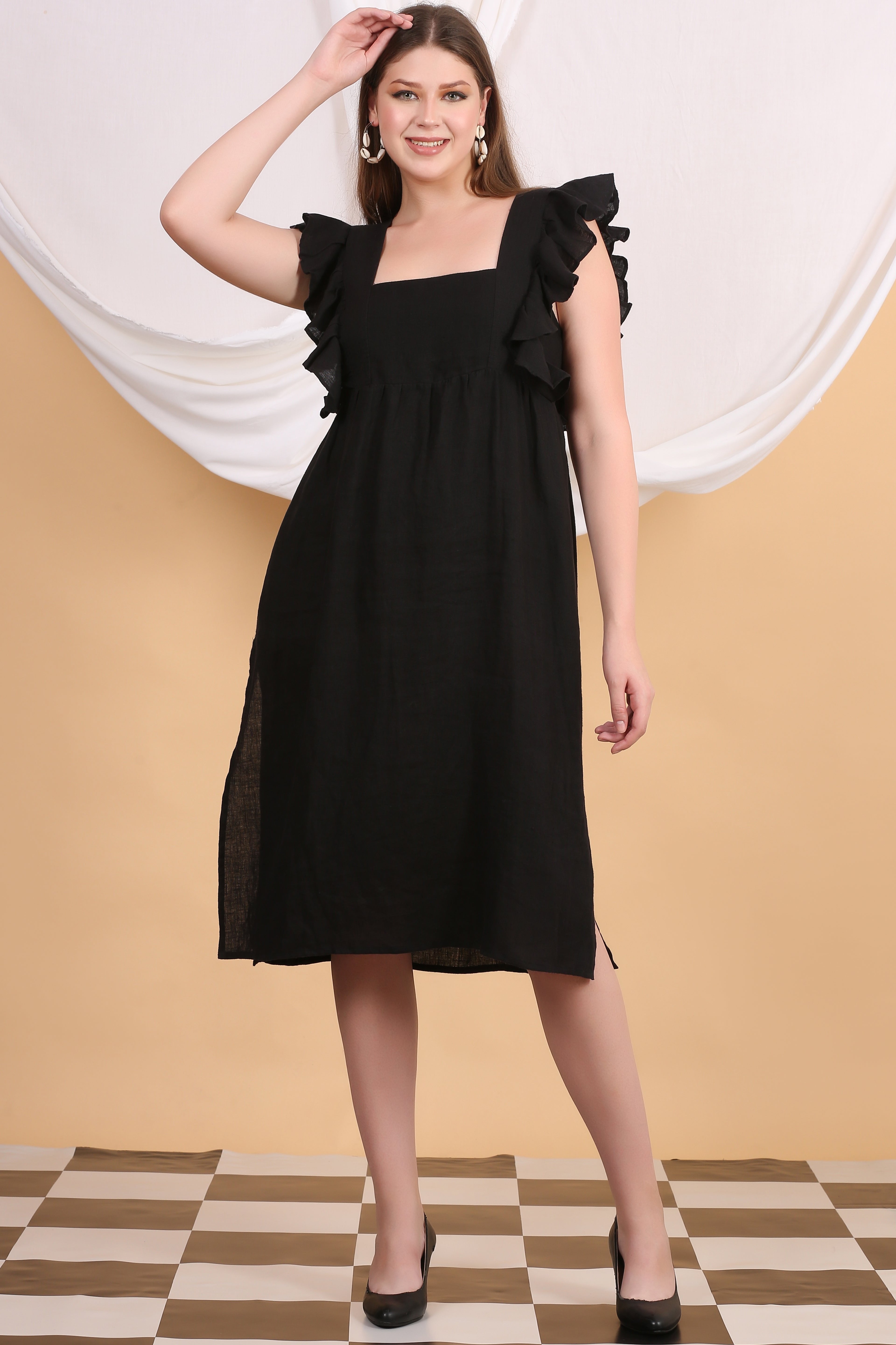 CALIXTA FLUTTER SLEEVE MIDI DRESS