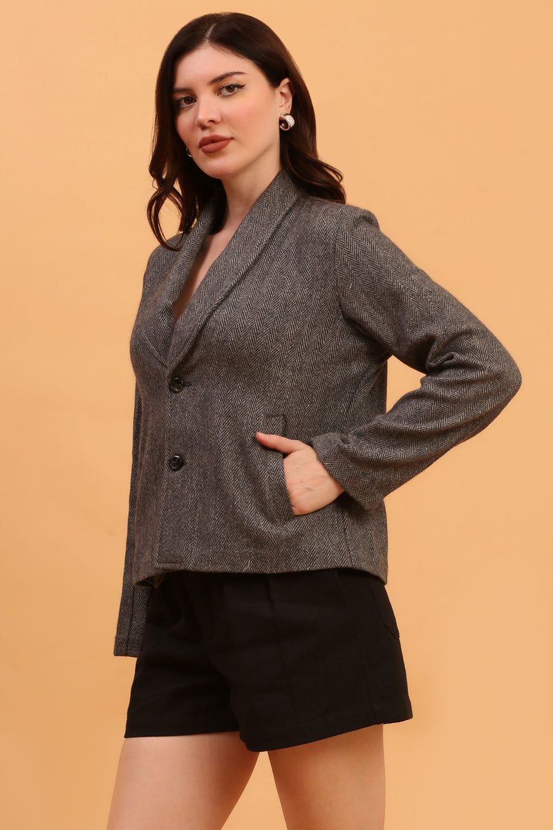 SLATE HERRINGBONE CROPPED BLAZER