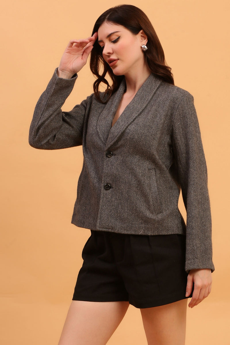 SLATE HERRINGBONE CROPPED BLAZER