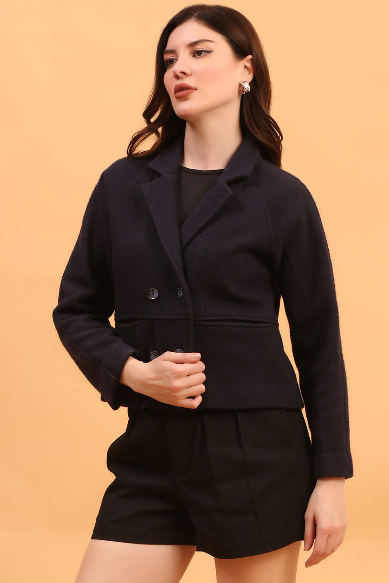 NAVY CROPPED TRENCH WOOL COAT