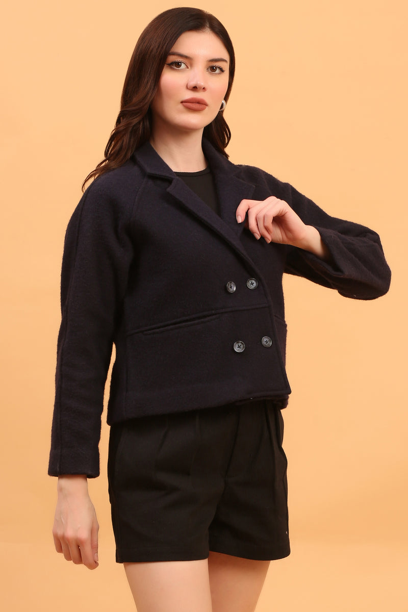 NAVY CROPPED TRENCH WOOL COAT