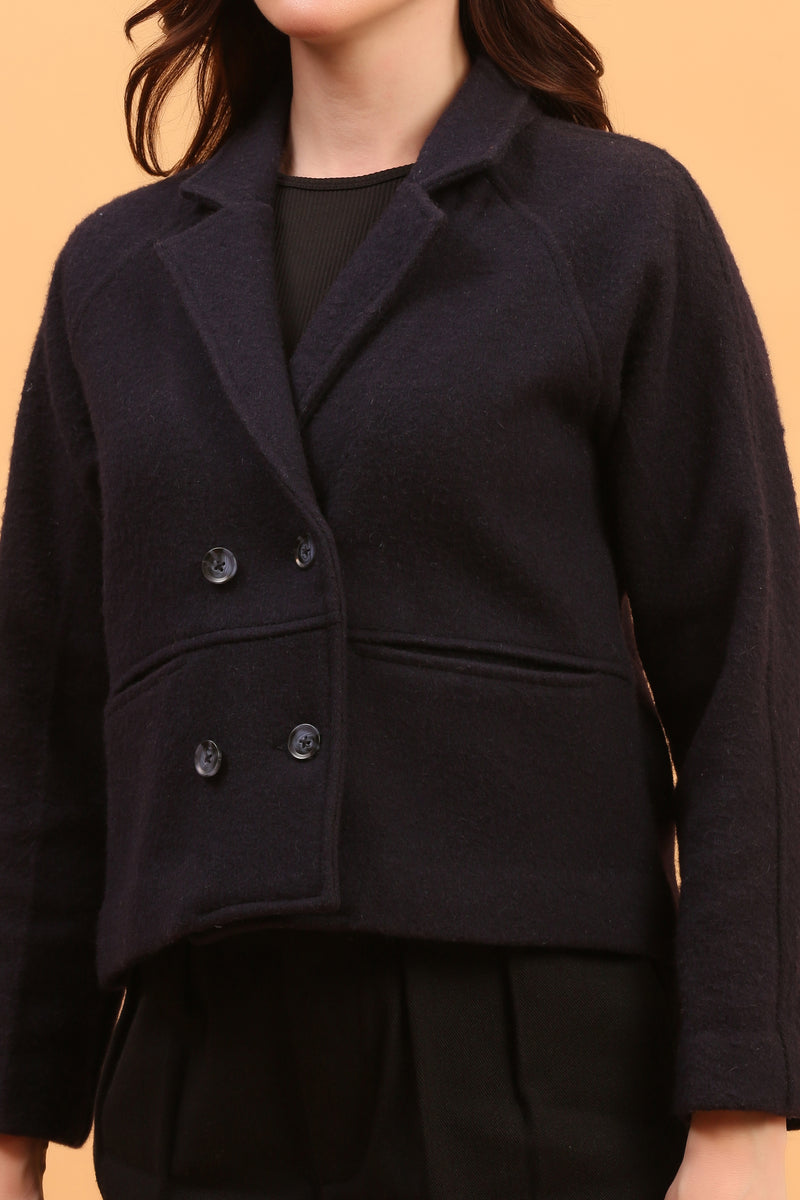 NAVY CROPPED TRENCH WOOL COAT