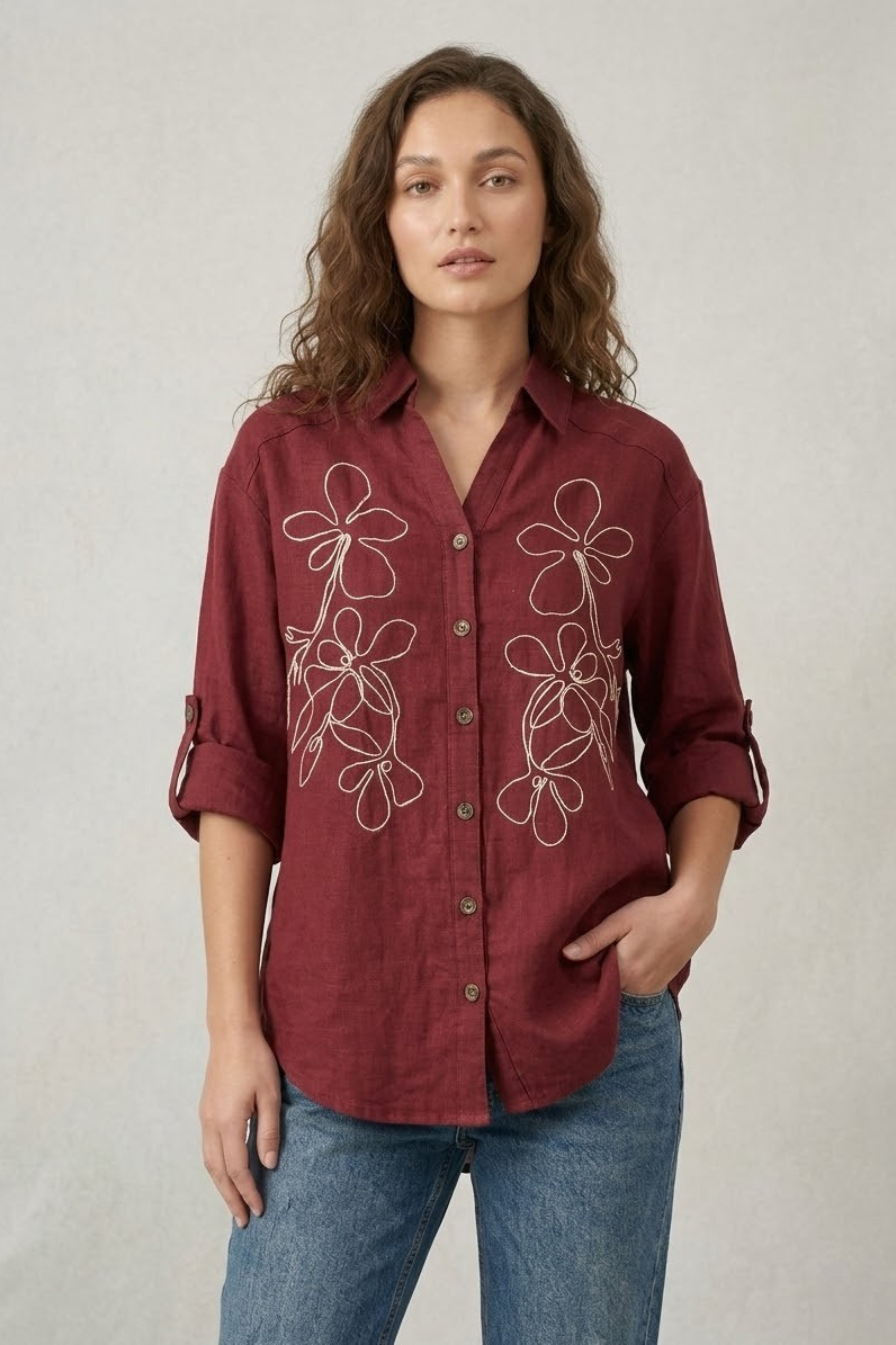 Women's Maroon Linen Shirt – Cream Floral Outline Embroidery – 100% Pure Linen