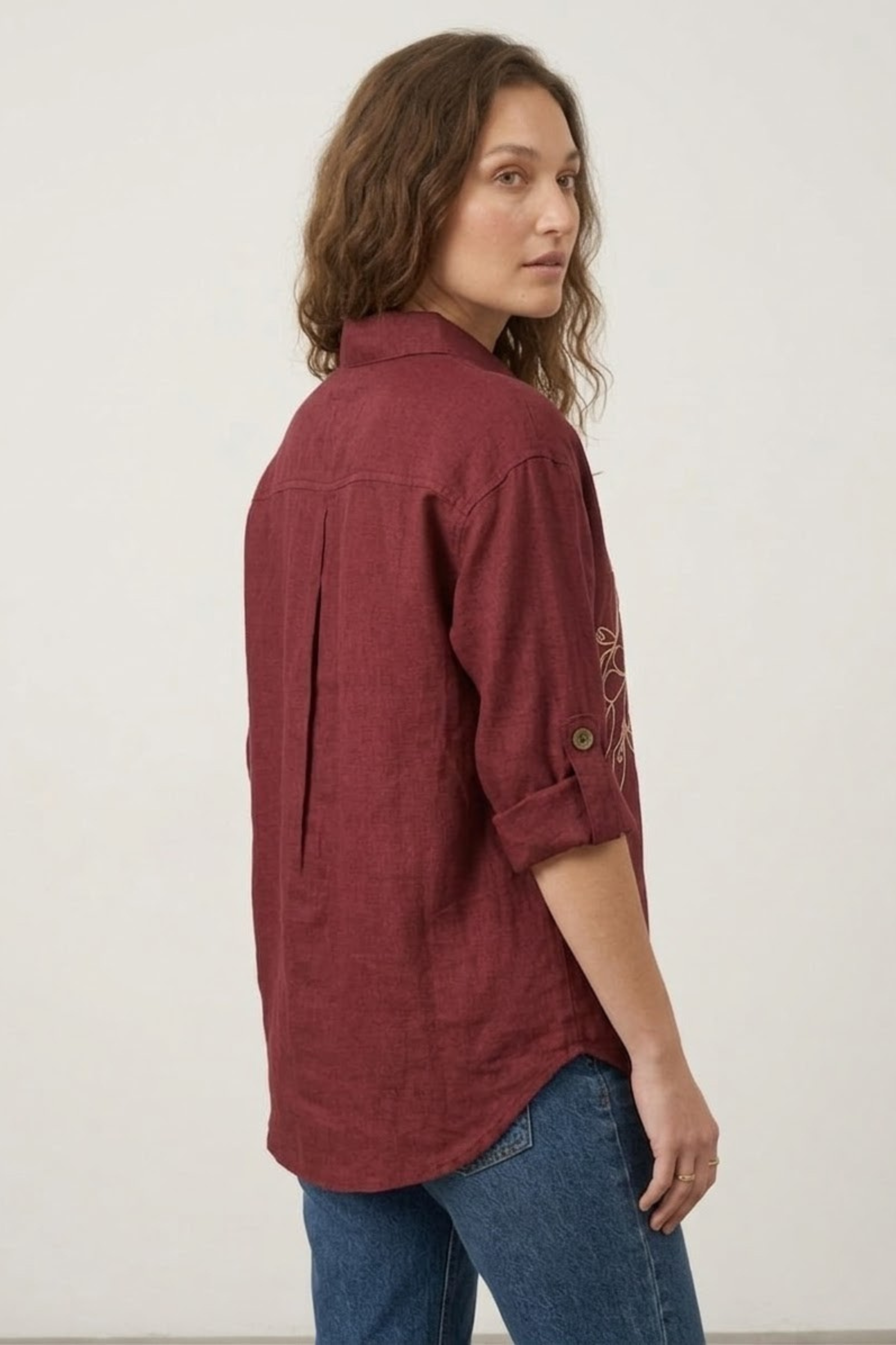 Women's Maroon Linen Shirt – Cream Floral Outline Embroidery – 100% Pure Linen