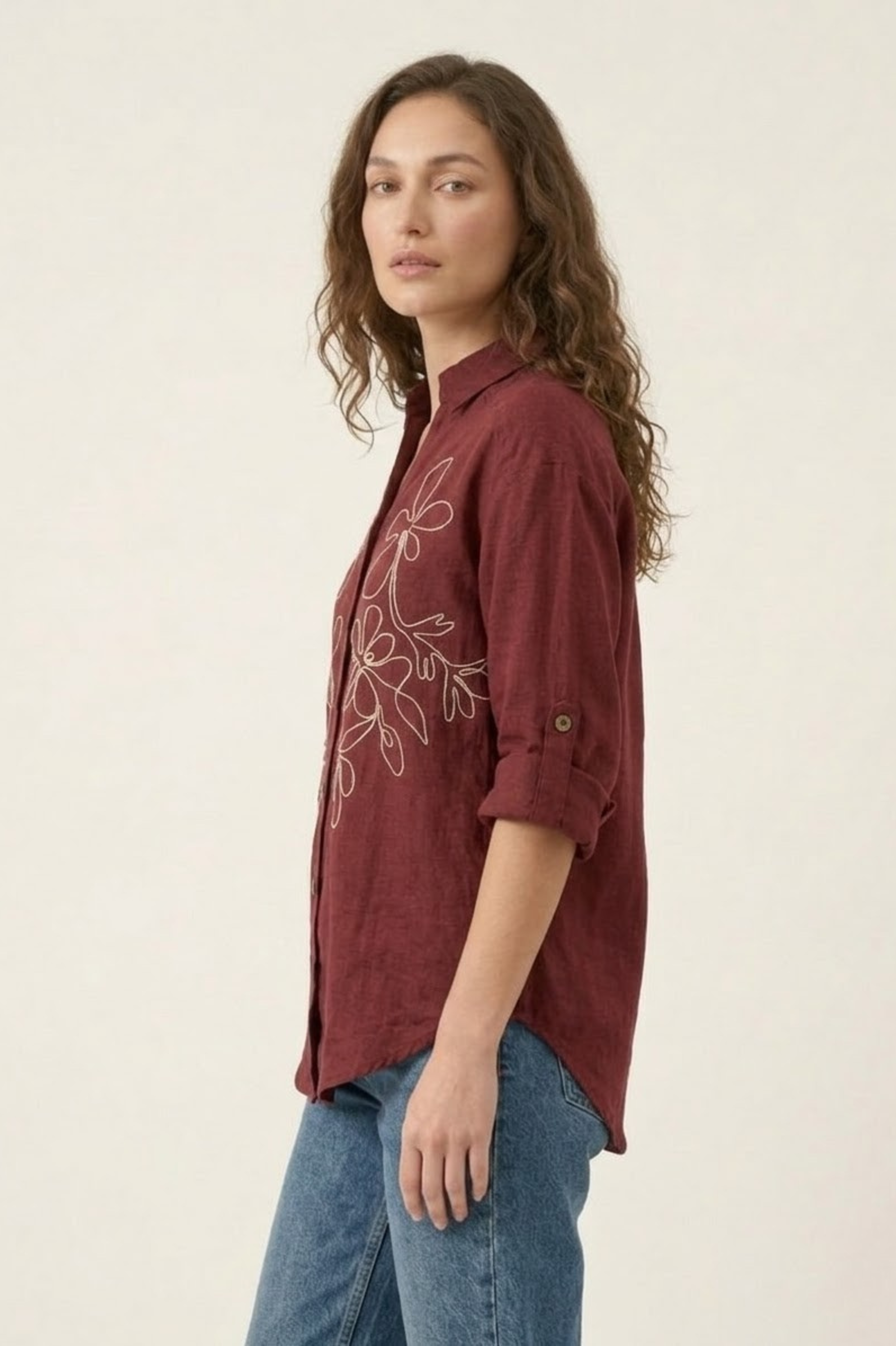 Women's Maroon Linen Shirt – Cream Floral Outline Embroidery – 100% Pure Linen