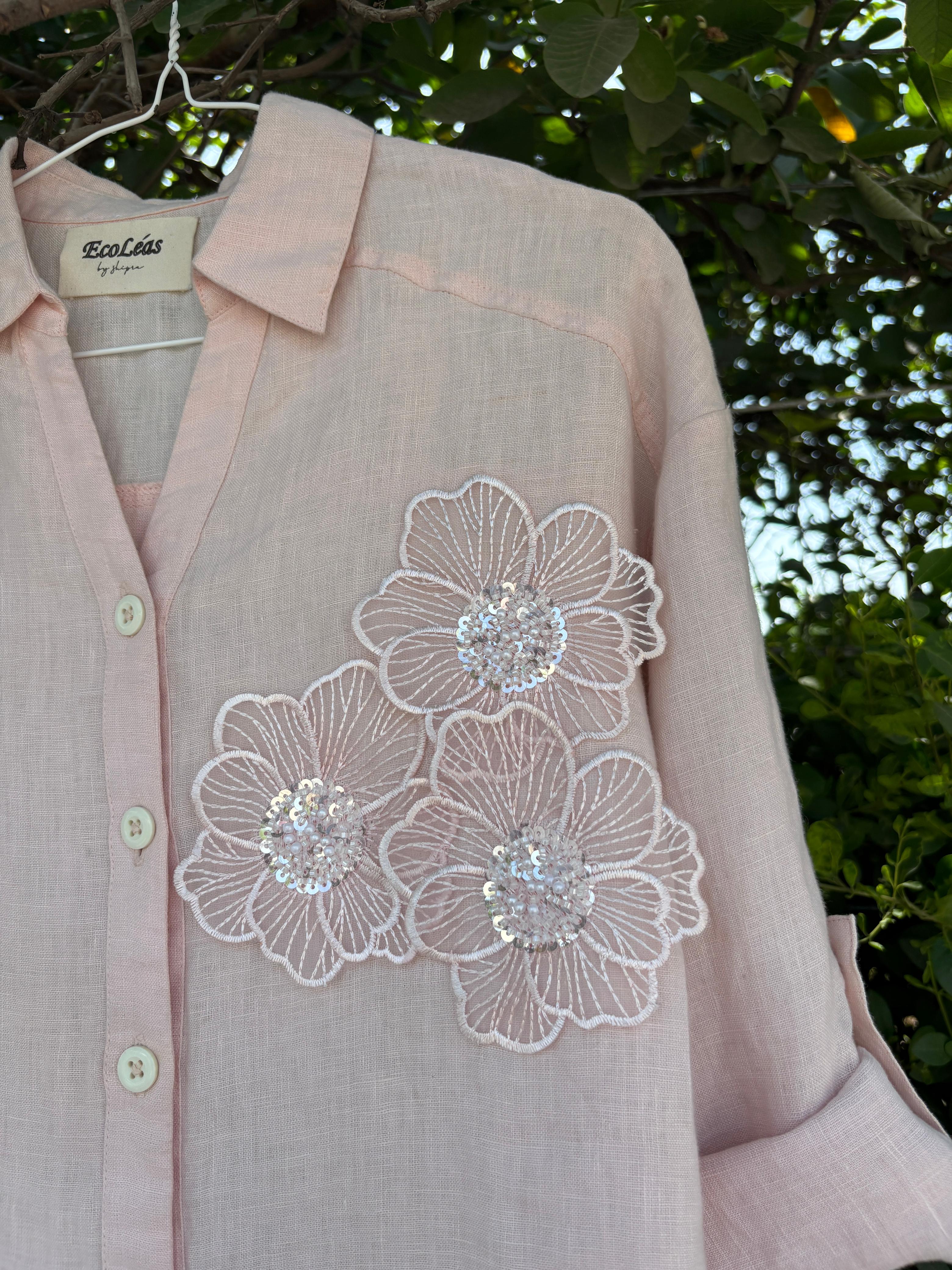 Women's Embroidered Shirt 100% Linen Light Pink | Wear It Either Way