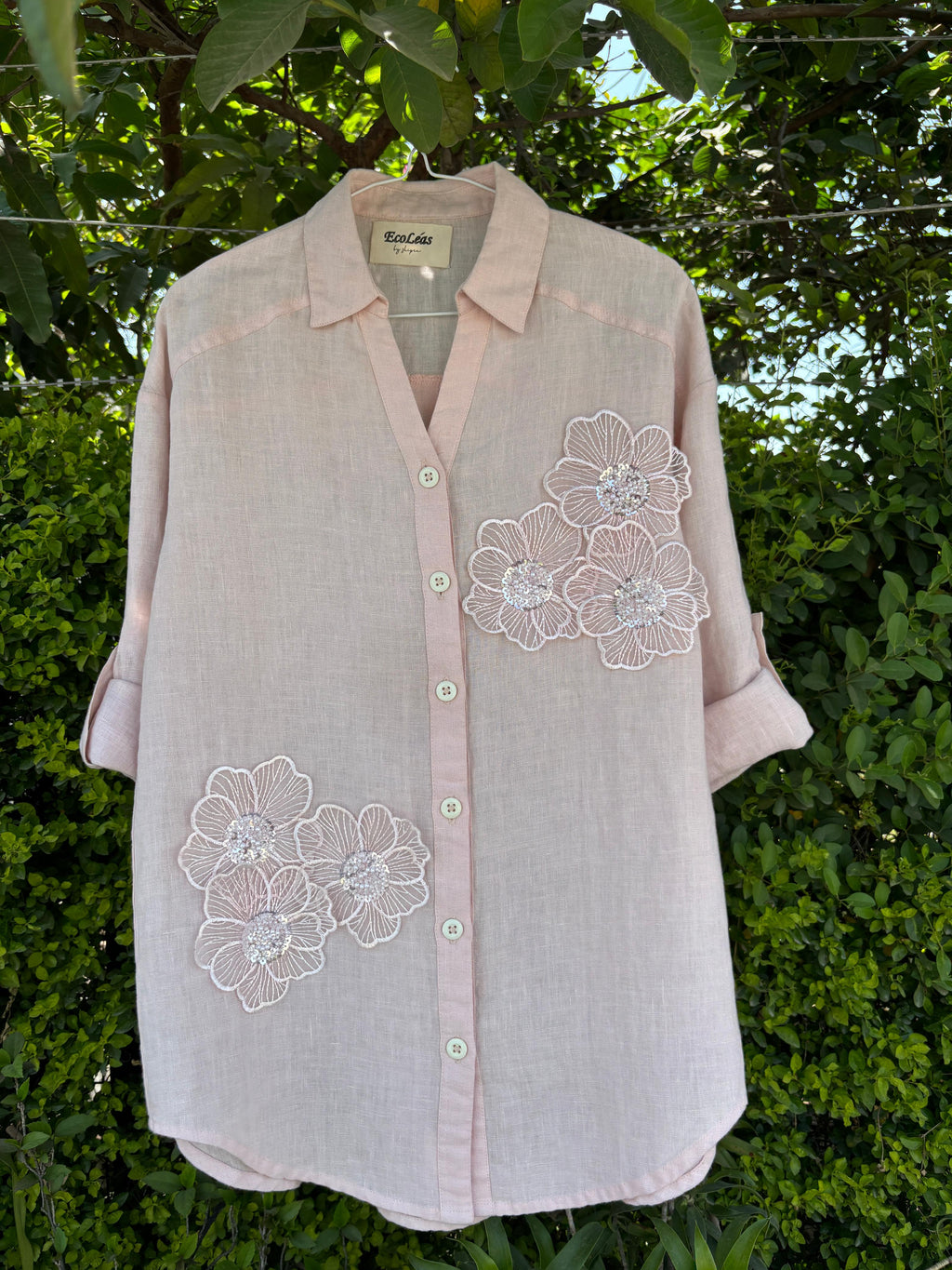 Women's Embroidered Shirt 100% Linen Light Pink | Wear It Either Way