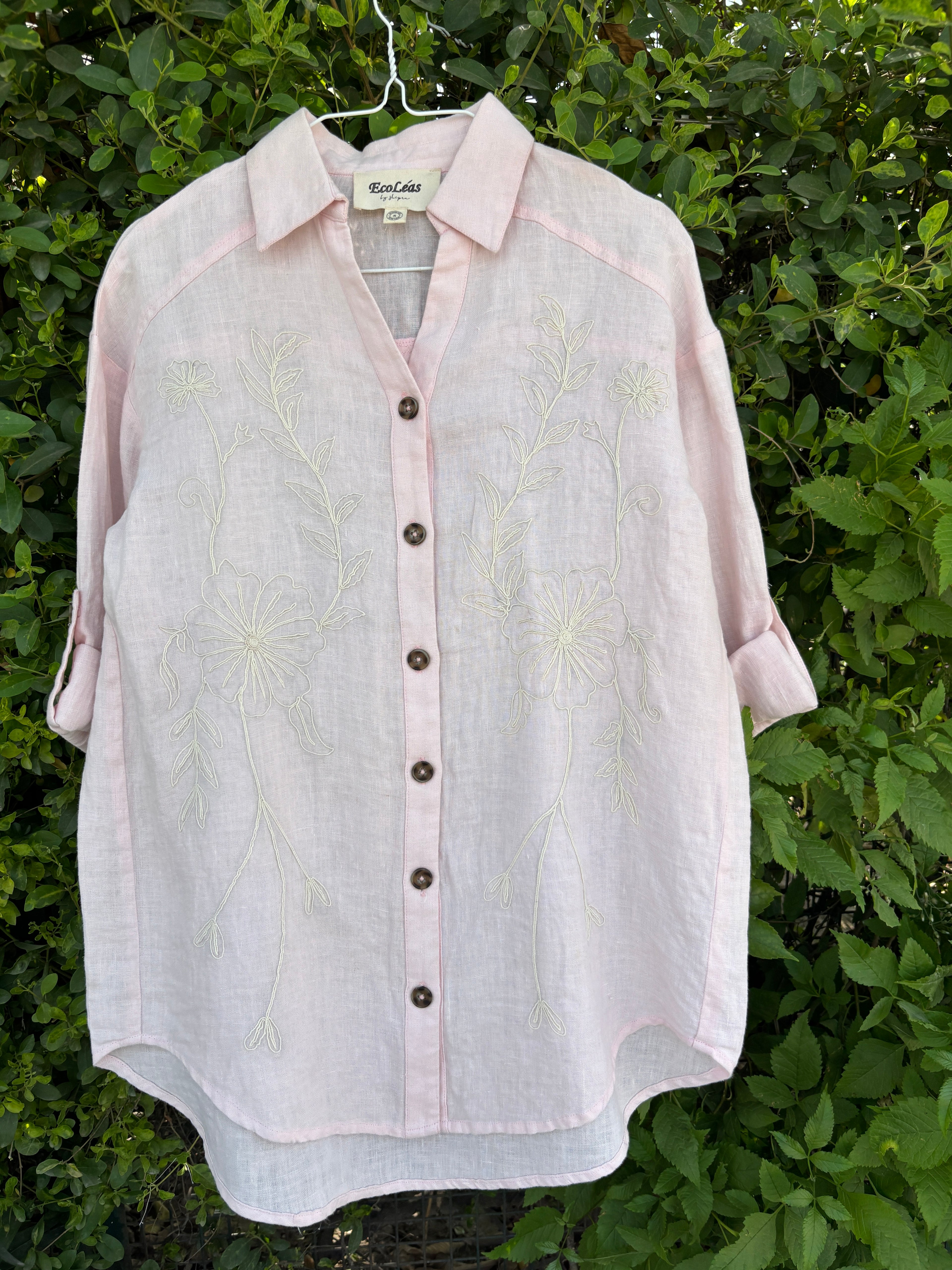 Embroidered Floral Casual Top – Women’s Light Pink Pure 100% Linen Shirt