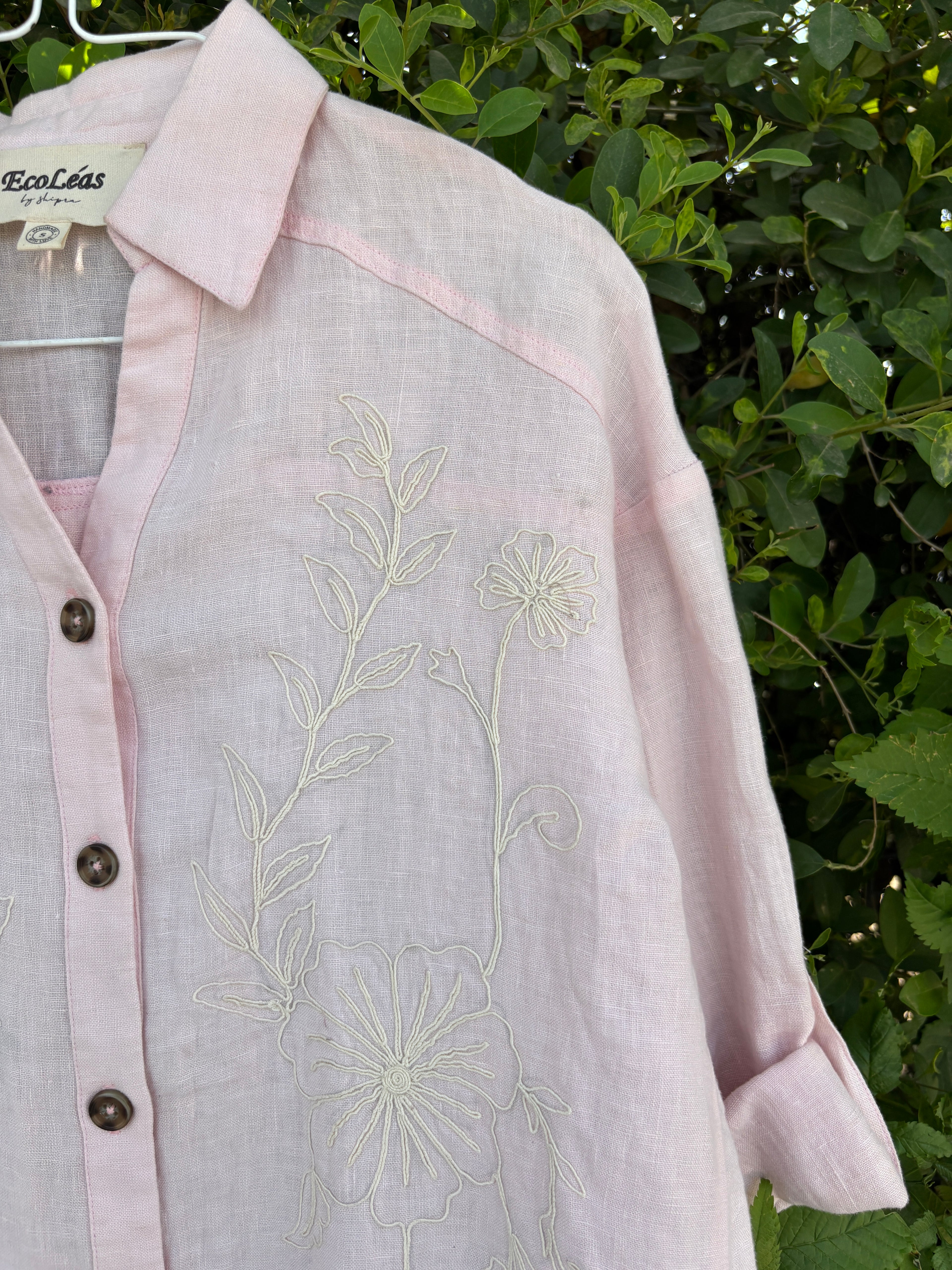 Embroidered Floral Casual Top – Women’s Light Pink Pure 100% Linen Shirt