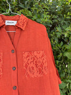 Women's Rust Orange Linen Shirt - Lace Pocket Detail - 100% Pure Linen Fabric Shirt