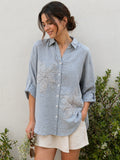 100% Linen Sky blue Embroidered Women Shirt | Summer Outfit