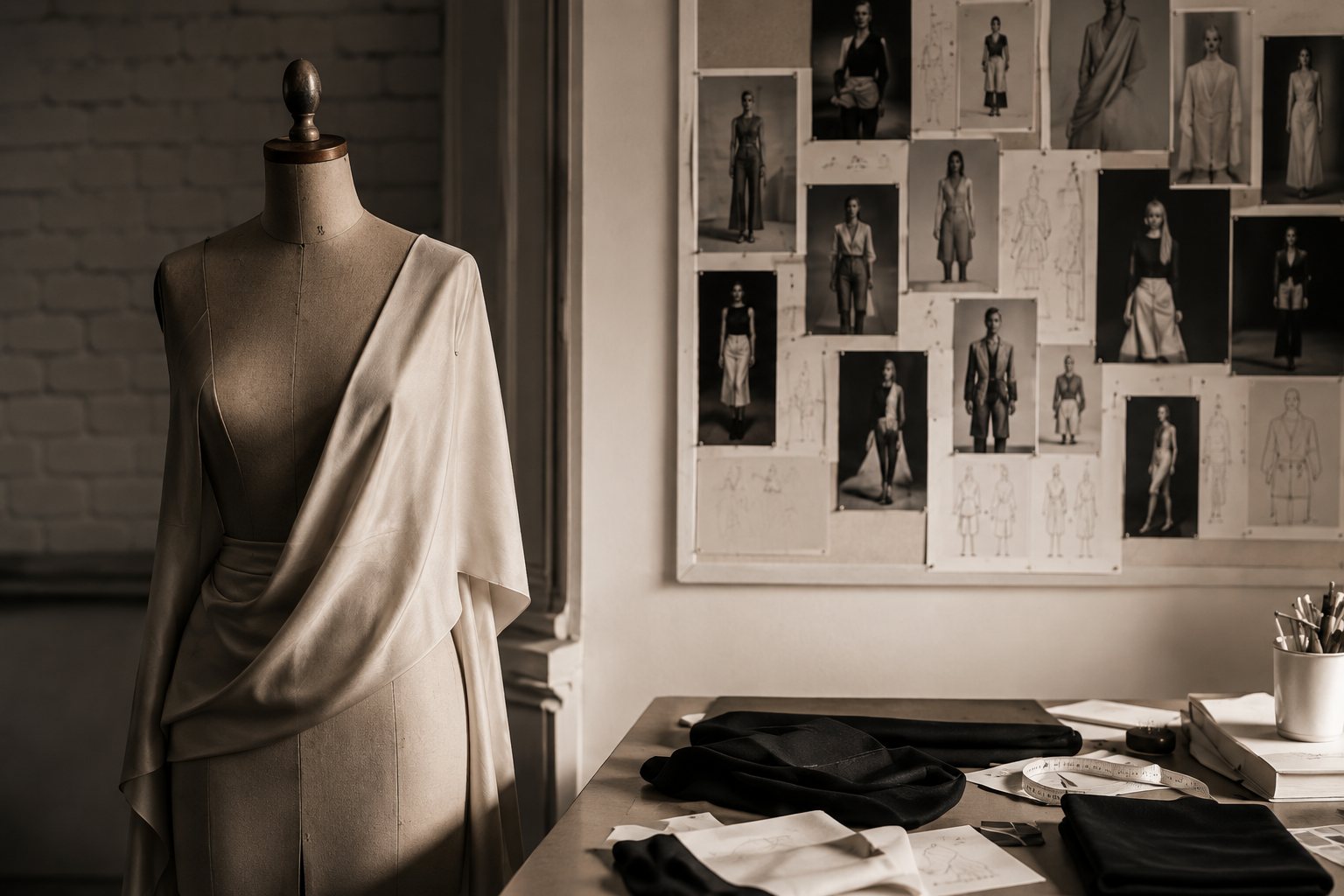 A draped toile on the stand beside the studio sketch wall