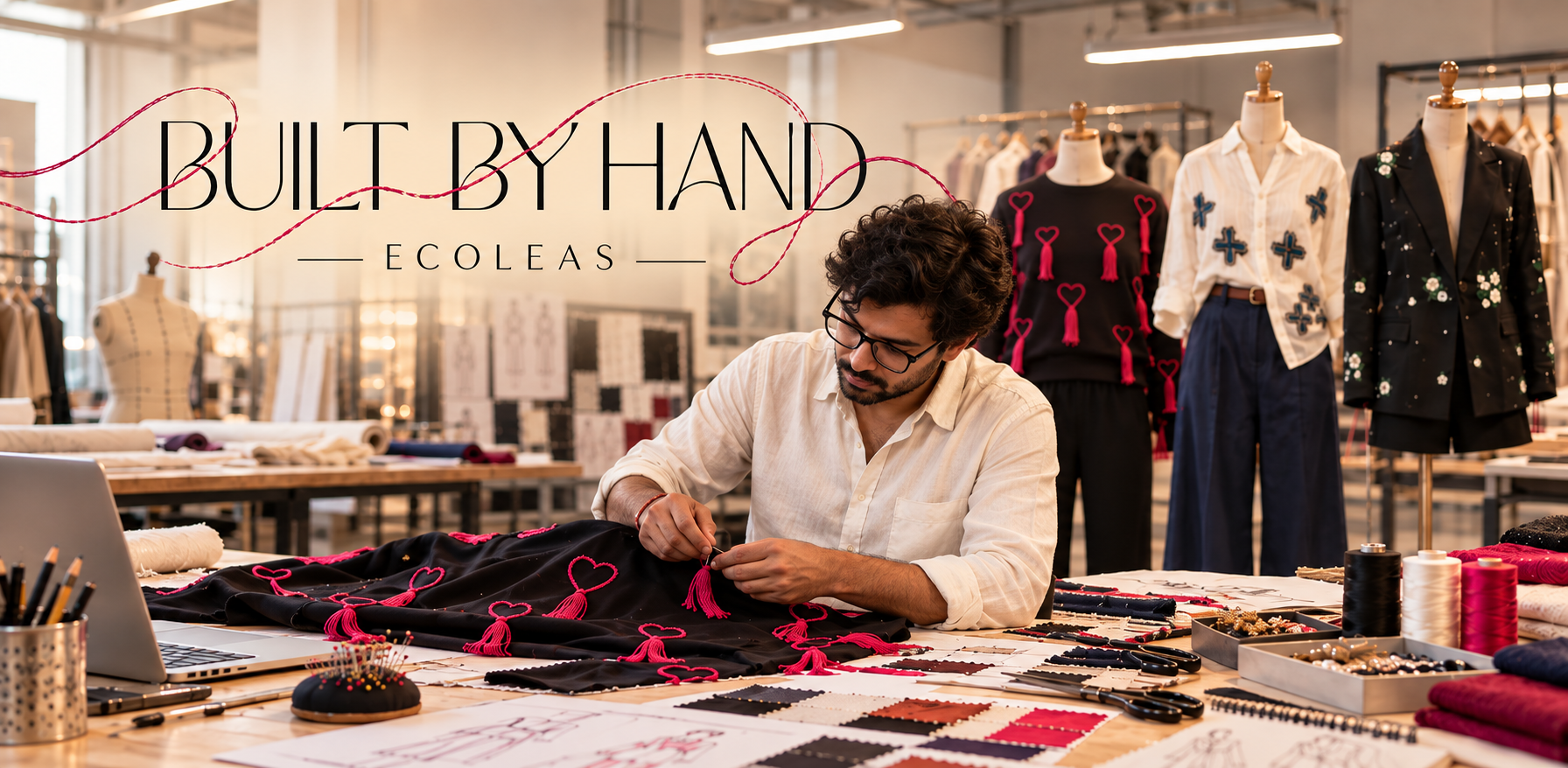 Built by Hand — an Ecoleas studio, with embroidered shirts on a rail and a finished piece on the stand