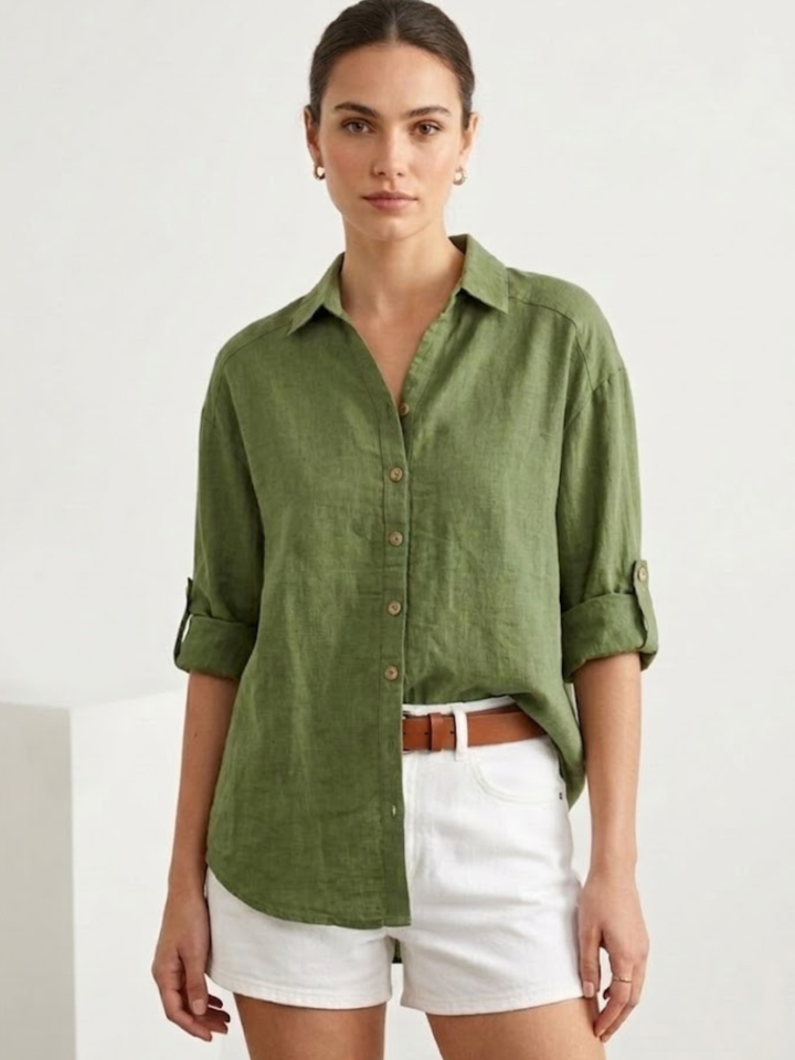 Women Olive Green Pure Linen Shirt | Breathable & Oversized
