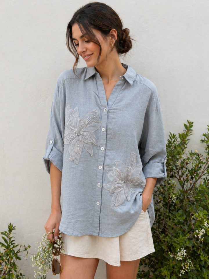 100% Linen Sky blue Embroidered Women Shirt | Summer Outfit