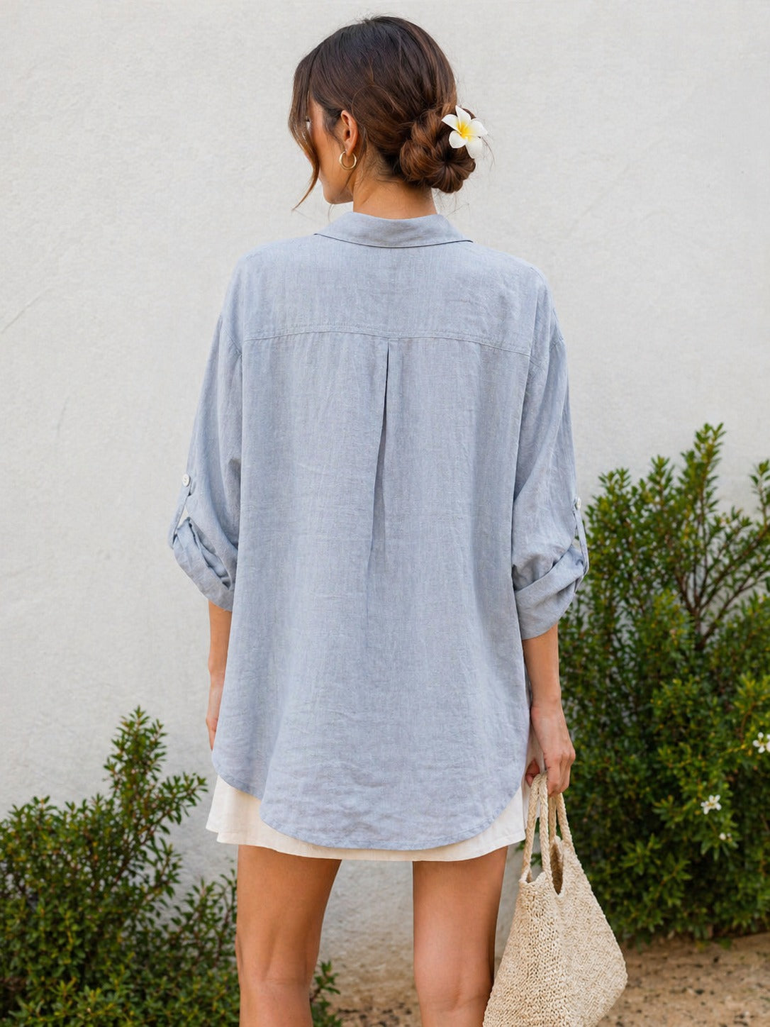 Sky Blue Embroidered Linen Shirt view 2