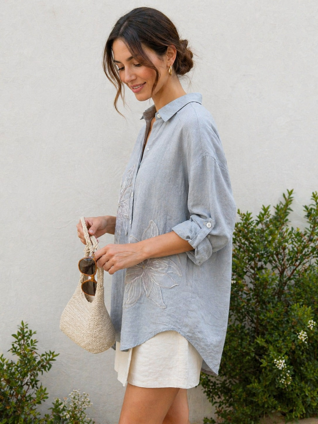 Sky Blue Embroidered Linen Shirt view 3