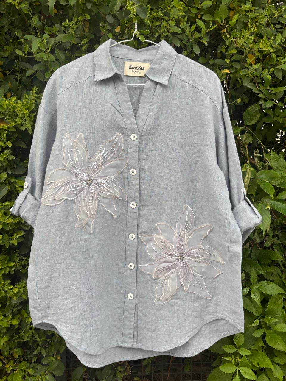Sky Blue Embroidered Linen Shirt view 4