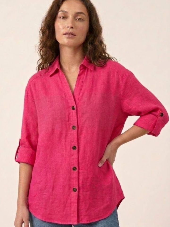 100% Linen Womens Fuchsia Pink Boyfriend Button-Down Shirt