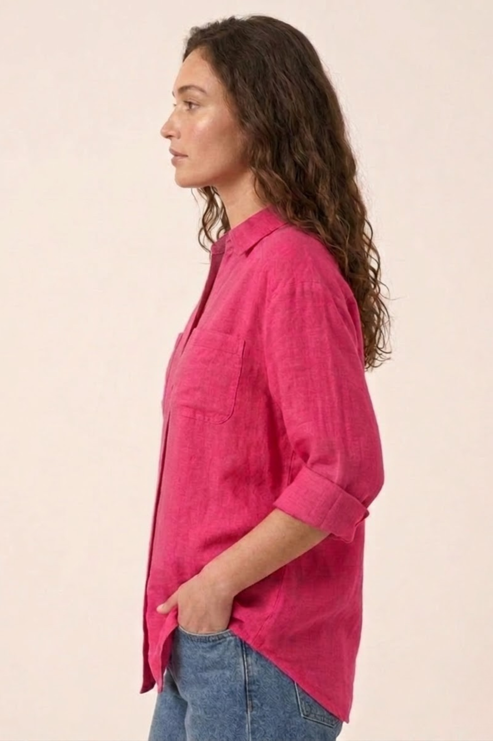 Fuchsia Pink Boyfriend Linen Shirt view 3