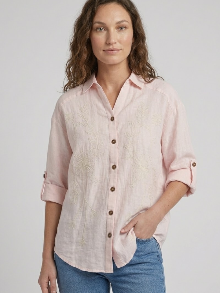 Embroidered Floral Casual Top – Women’s Light Pink Pure 100% Linen Shirt