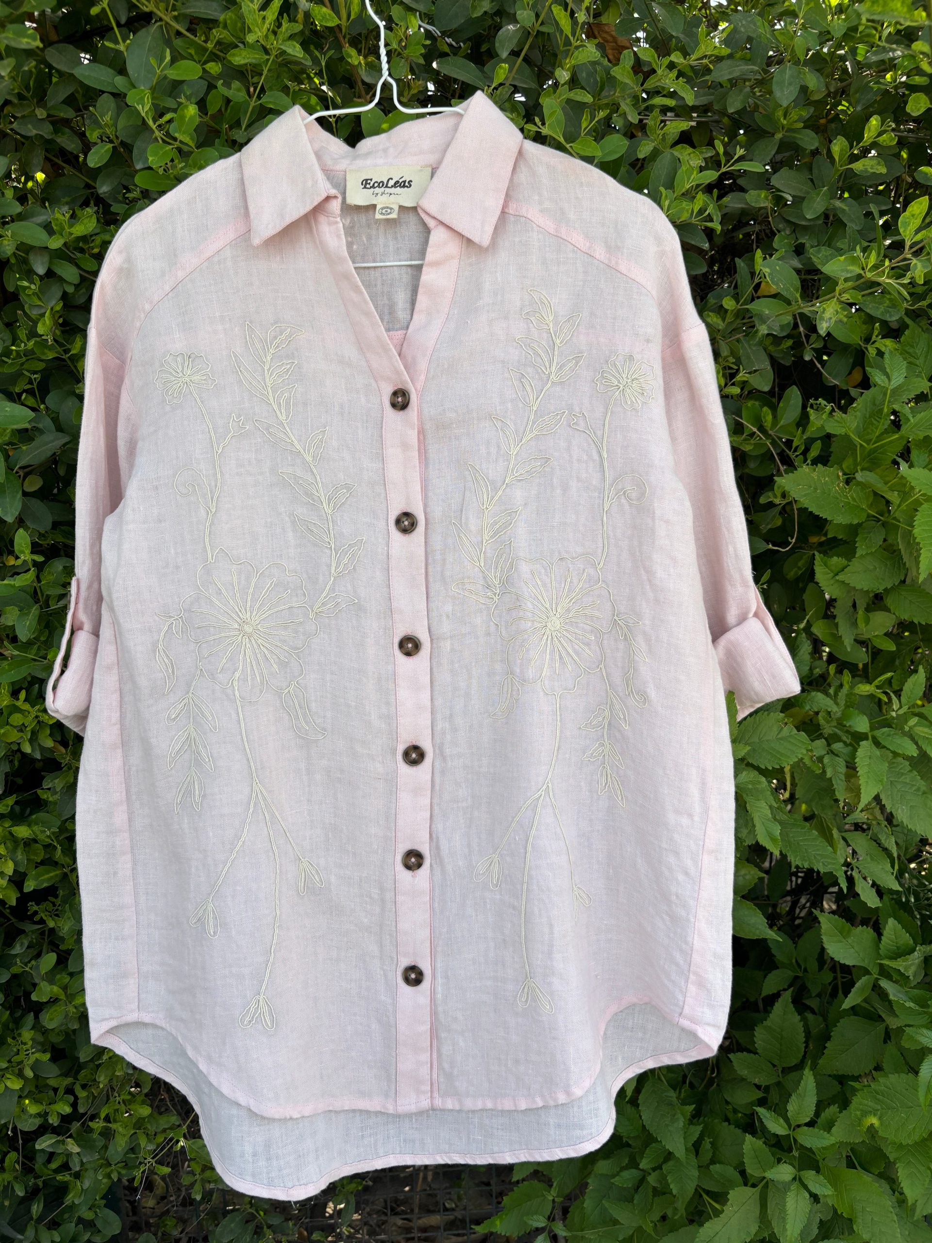 Light Pink Floral Embroidered Linen Shirt view 4