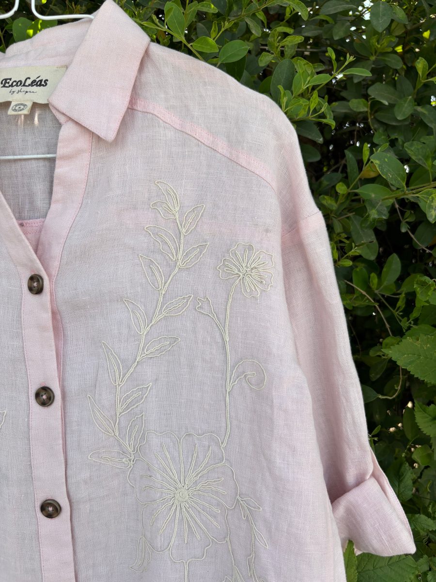 Detail of the Light Pink Floral Embroidered Linen Shirt
