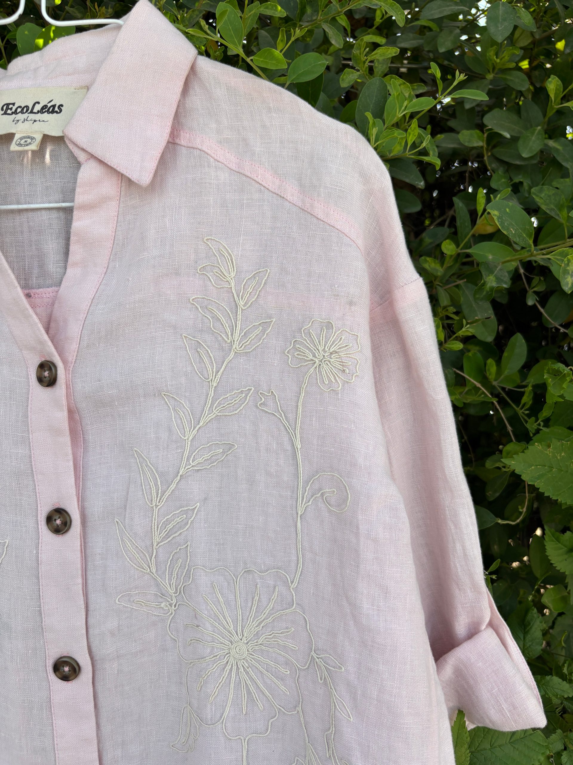 Light Pink Floral Embroidered Linen Shirt view 5