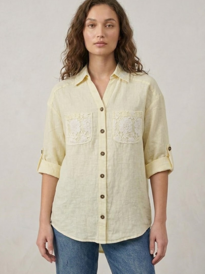 Ivory 100% Linen Women Shirt | Button-Down Top With Lace Details
