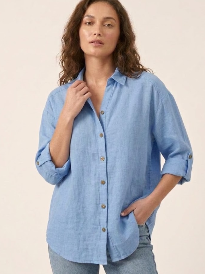 Sky Blue Long Sleeve Button Down Shirt – 100% Pure Linen for Women