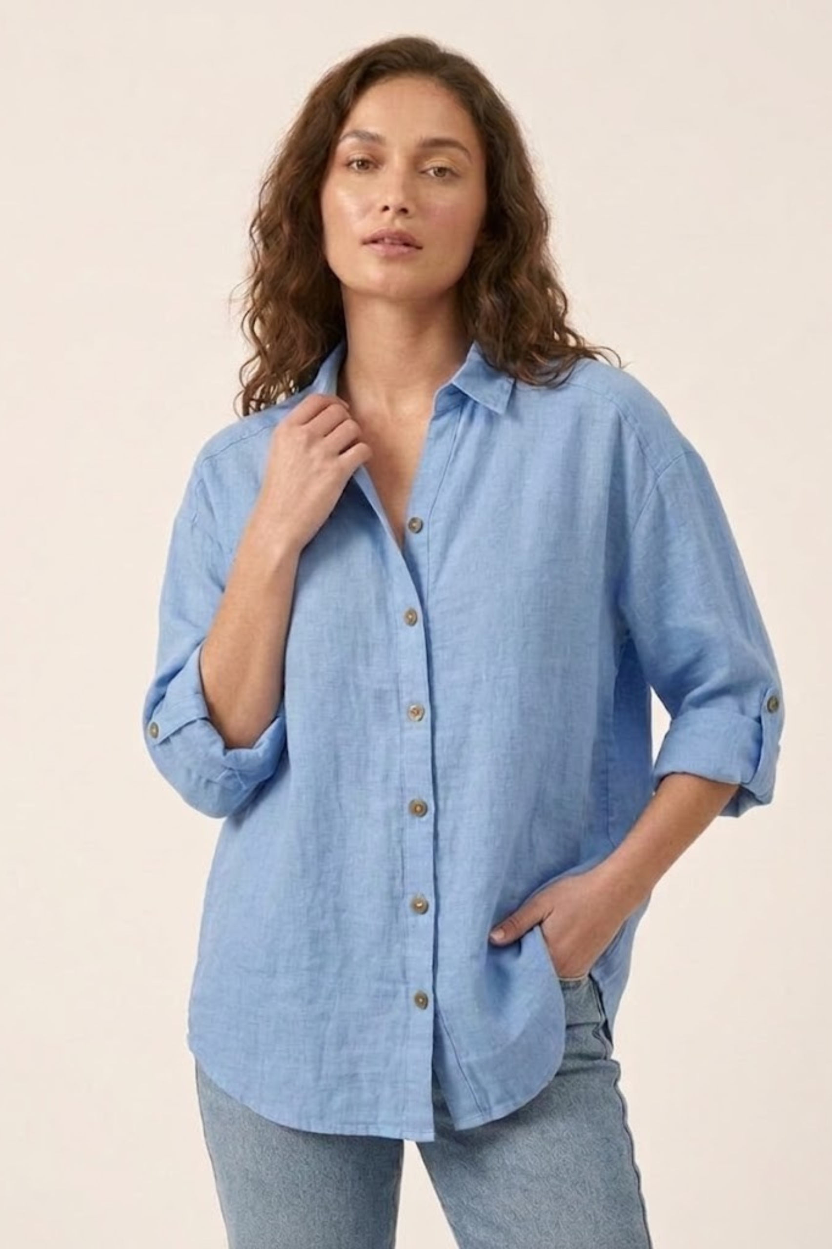 Sky Blue Pure Linen Long-Sleeve Shirt