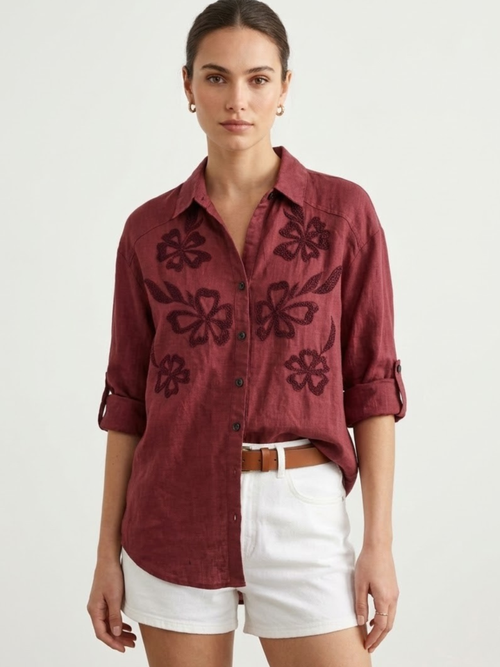 Women's 100% Pure Linen Shirt | Button Down with Floral Embroidery