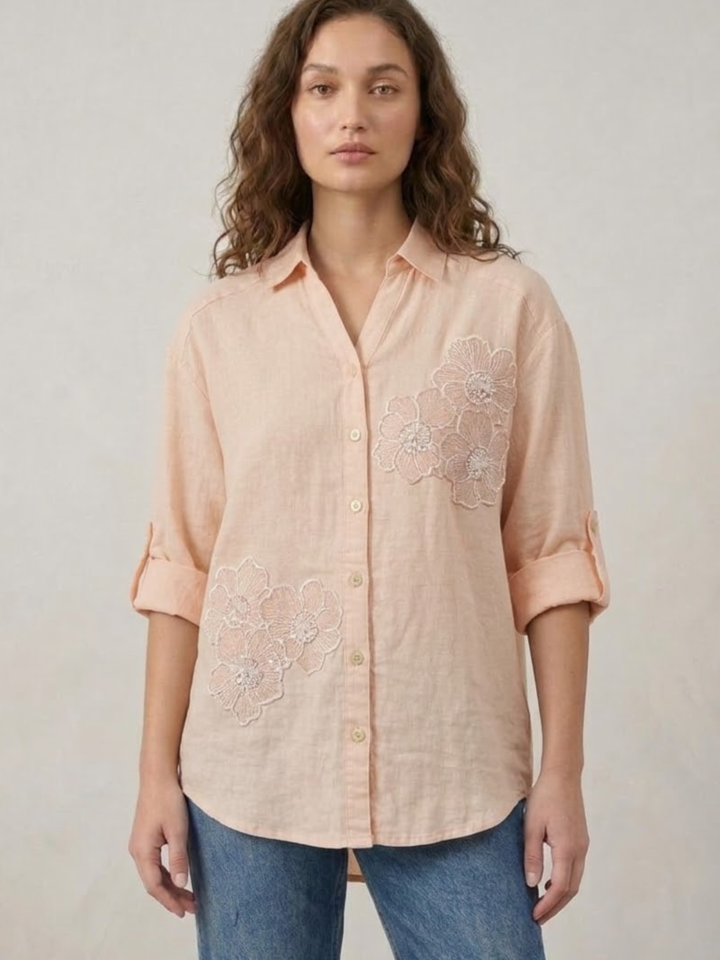 Women's Embroidered Shirt 100% Linen Light Pink | Wear It Either Way