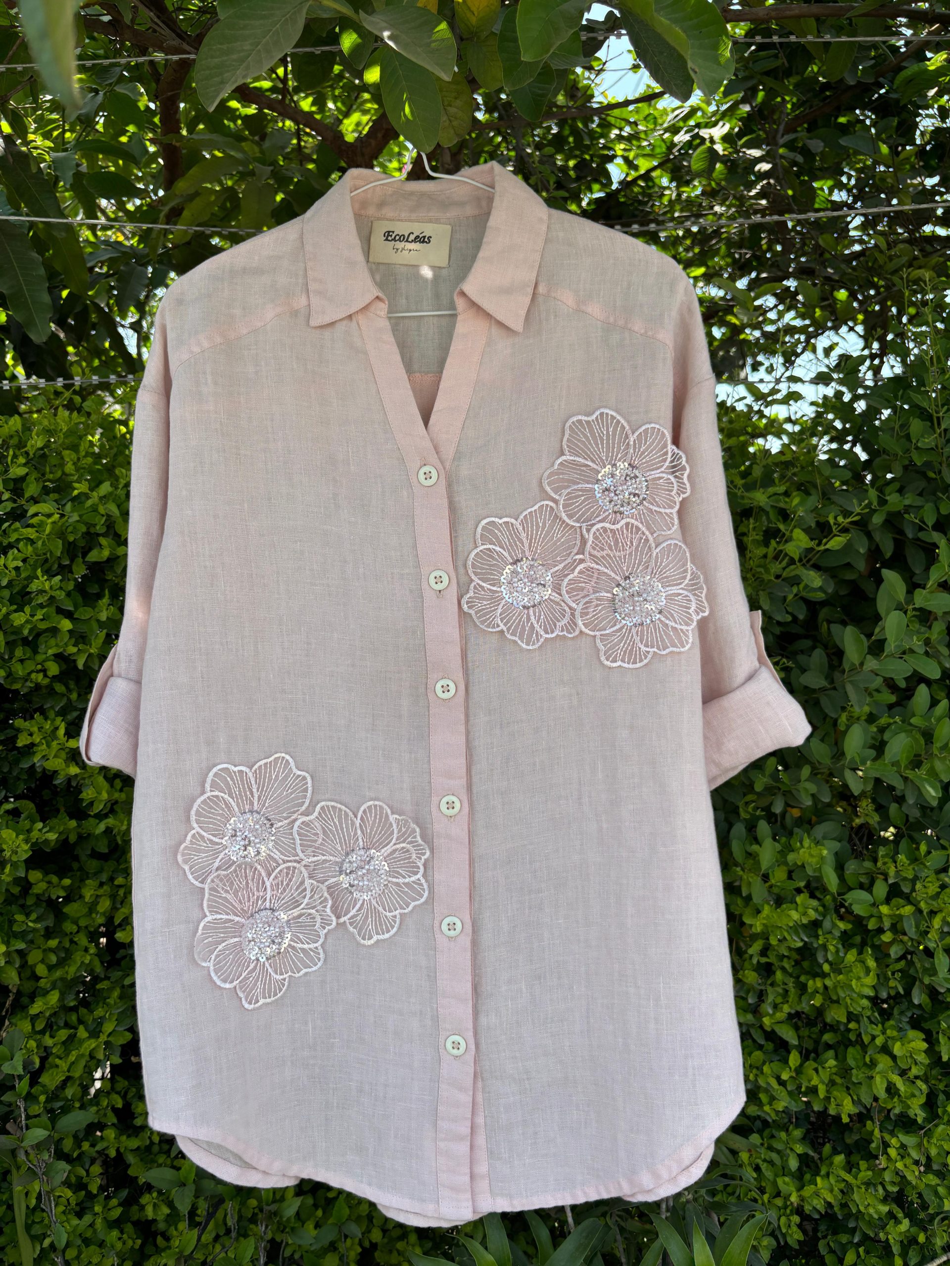 Light Pink Embroidered Linen Shirt view 4