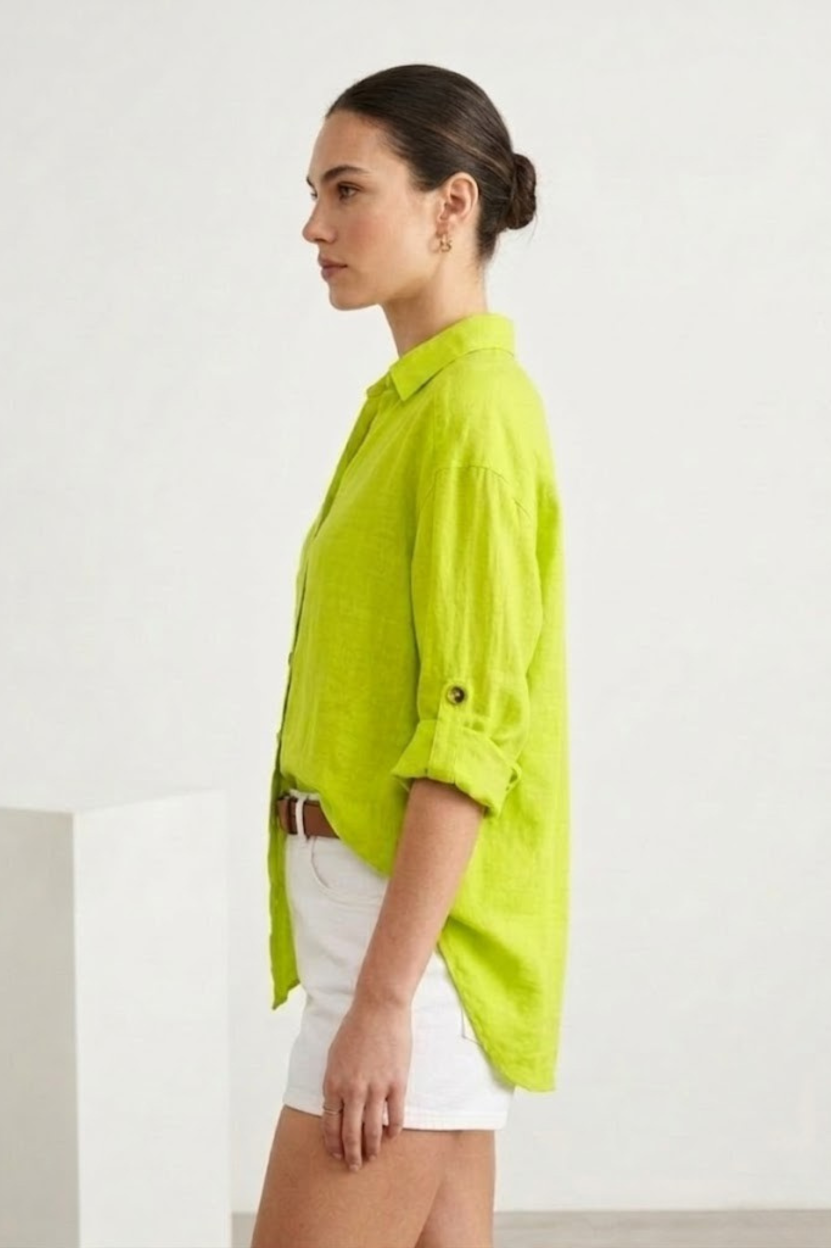 Women's Lime Green Linen Shirt view 3