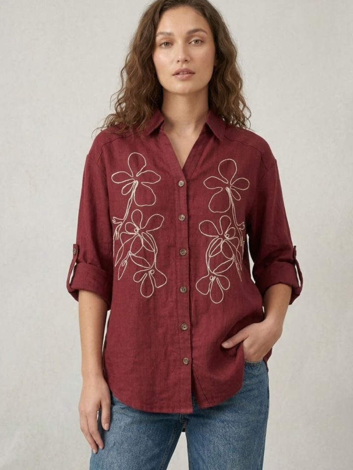 Women's Maroon Linen Shirt – Cream Floral Outline Embroidery – 100% Pure Linen