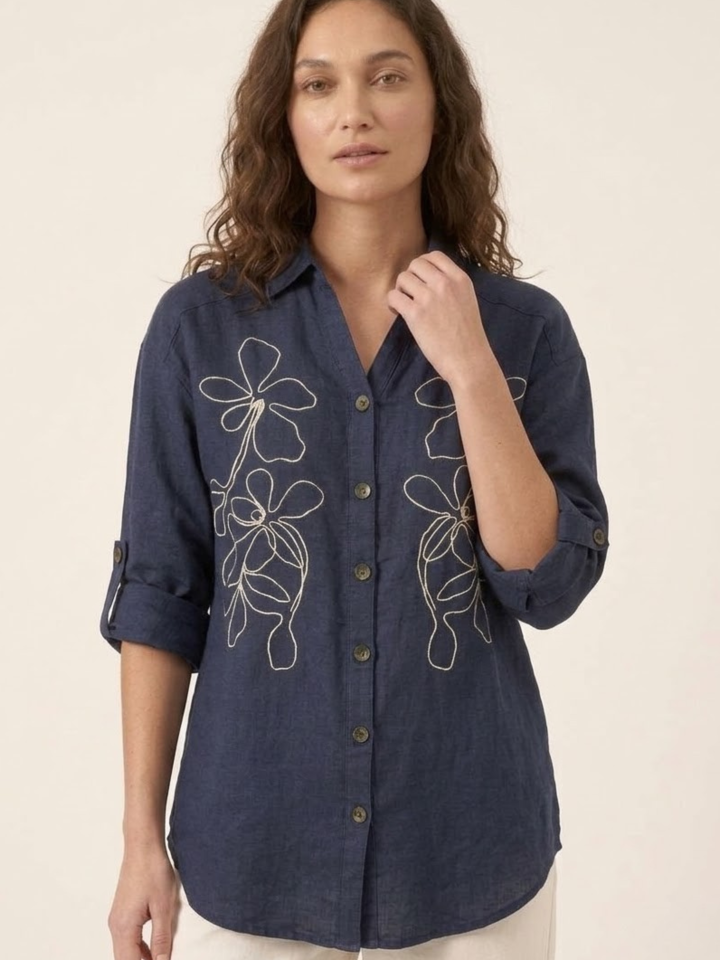 Women's Navy Blue, Embroidery Linen Shirt